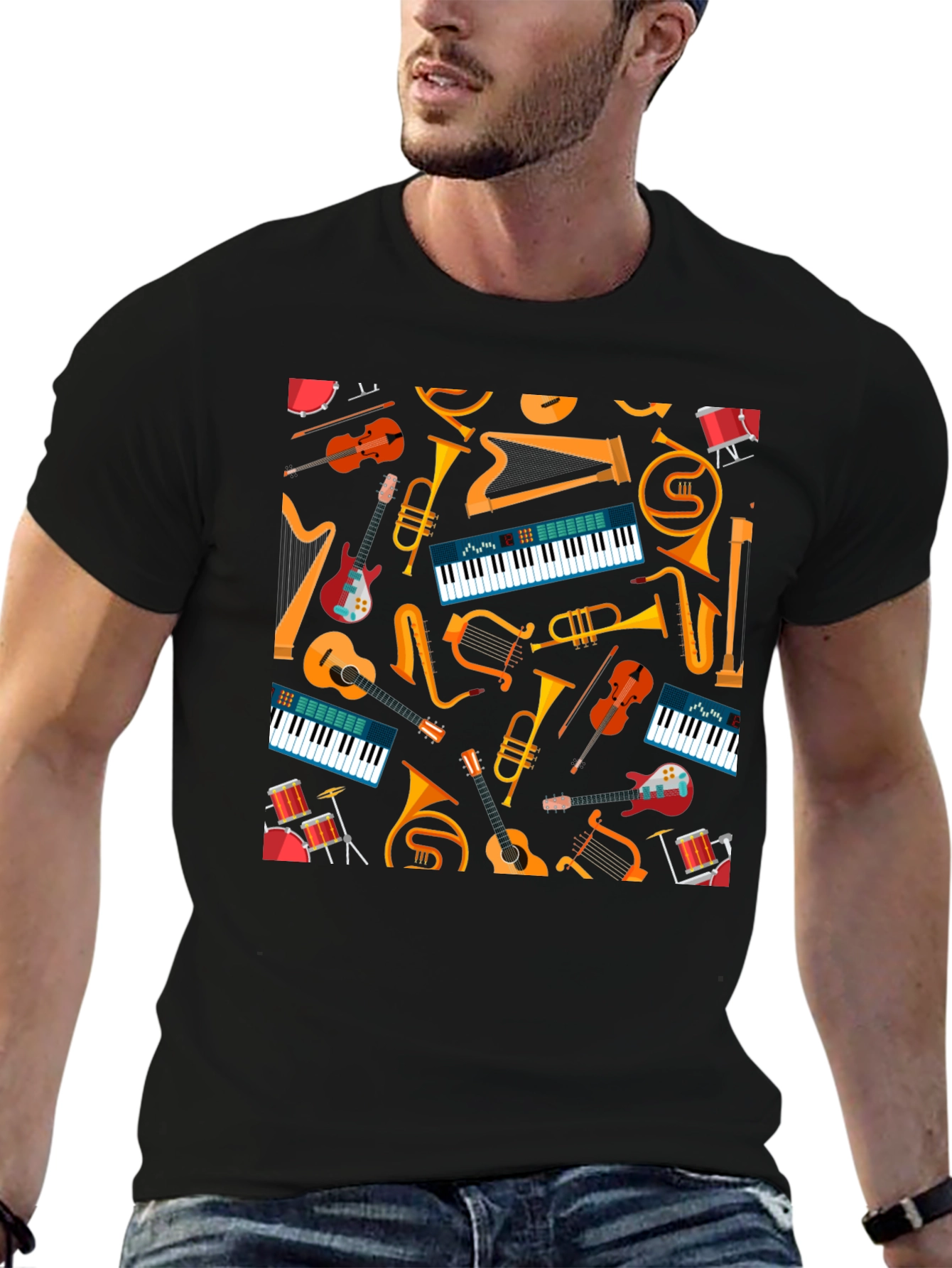 Musical Instrument Pattern Tee - Black Graphic T-Shirt
