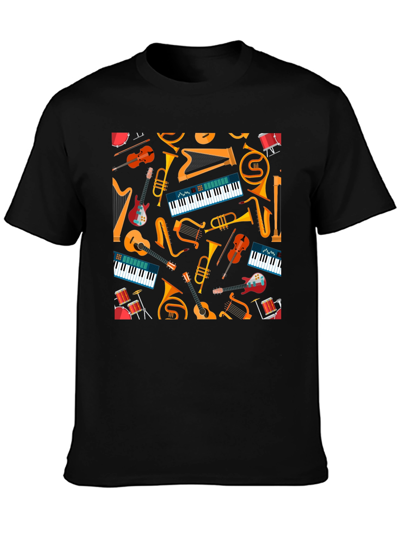 Musical Instrument Pattern Tee - Black Graphic T-Shirt