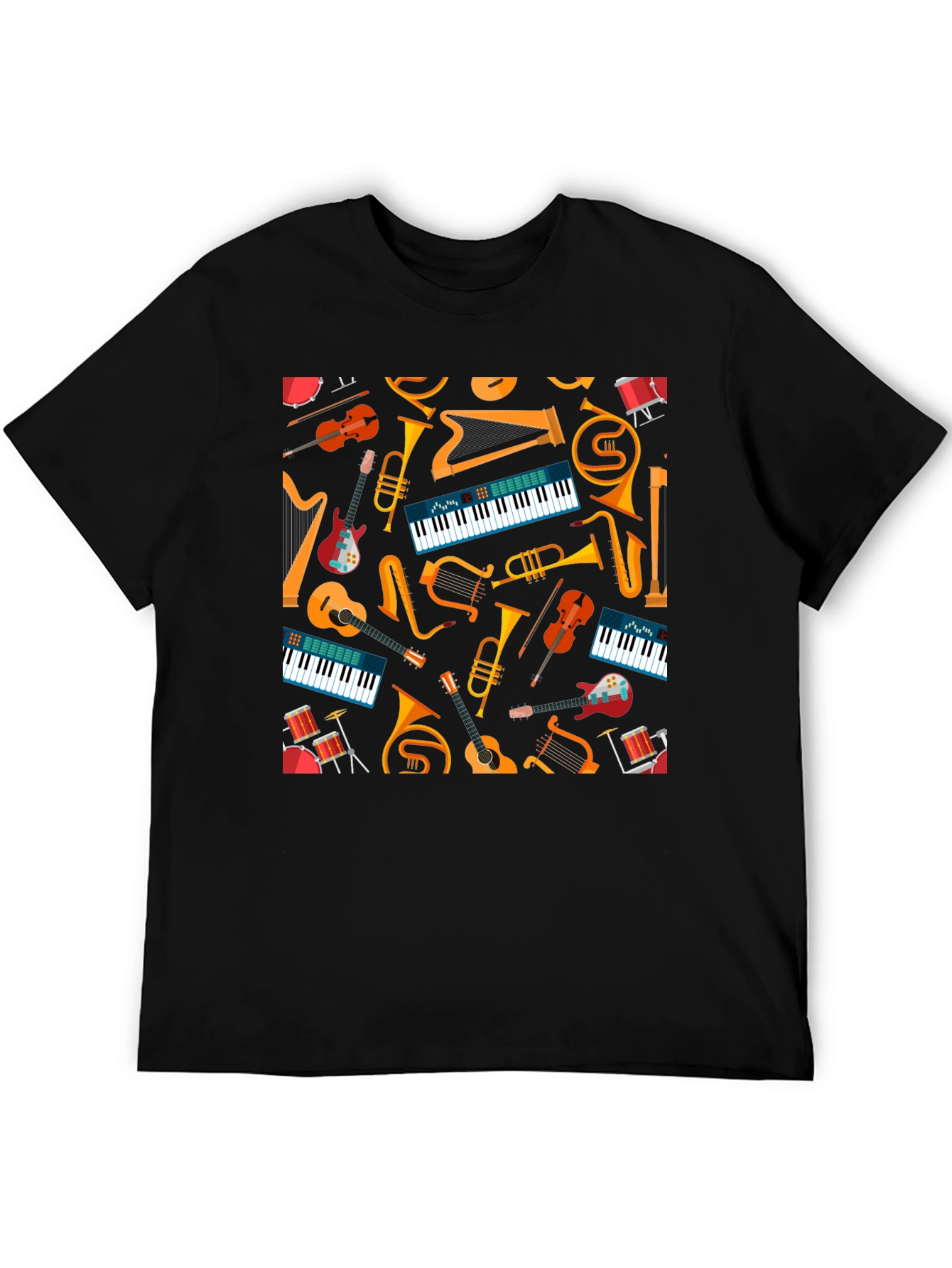 Musical Instrument Pattern Tee - Black Graphic T-Shirt