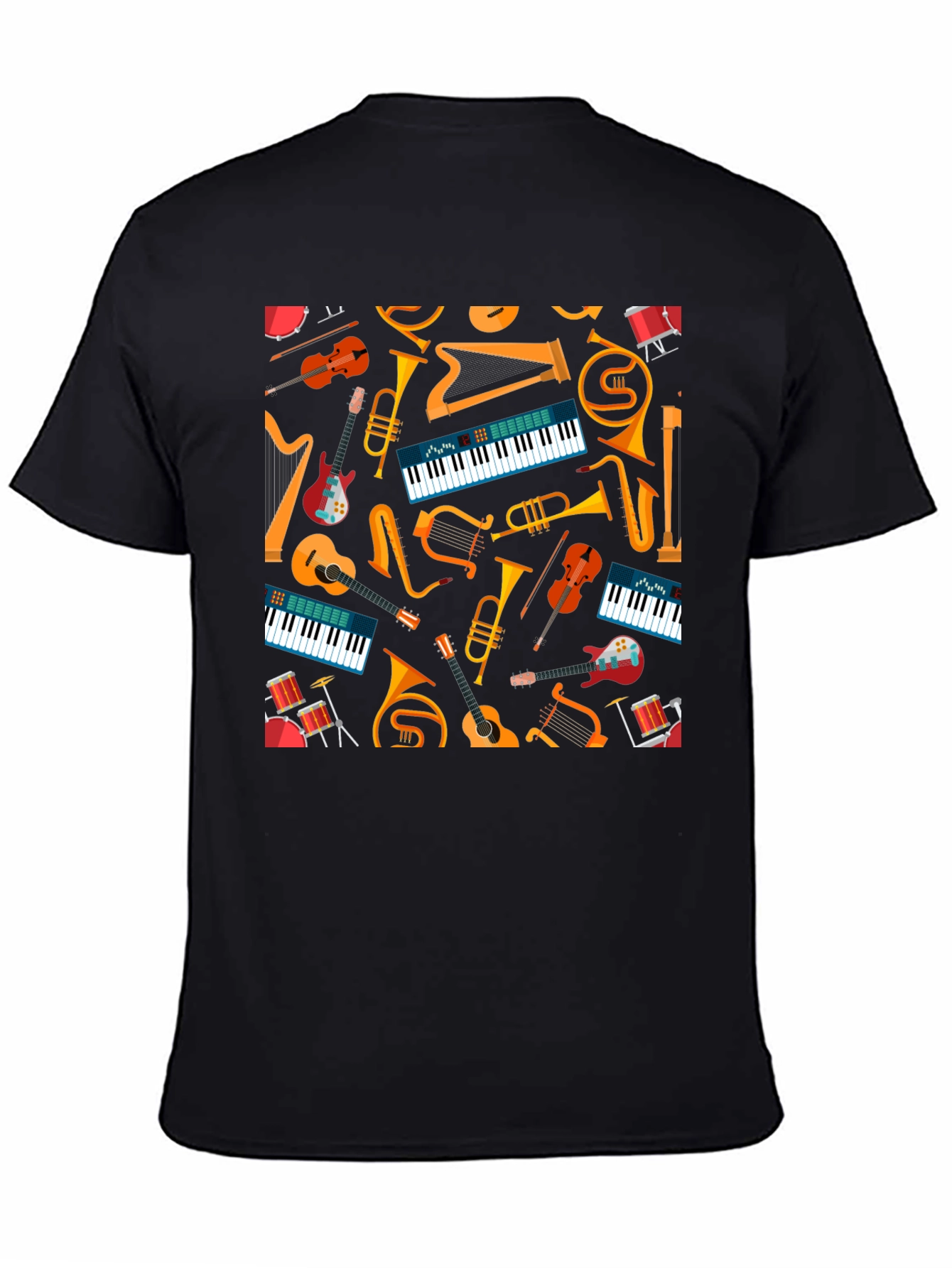 Musical Instrument Pattern Tee - Black Graphic T-Shirt