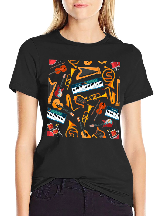 Musical Instrument Pattern Tee - Black Graphic T-Shirt