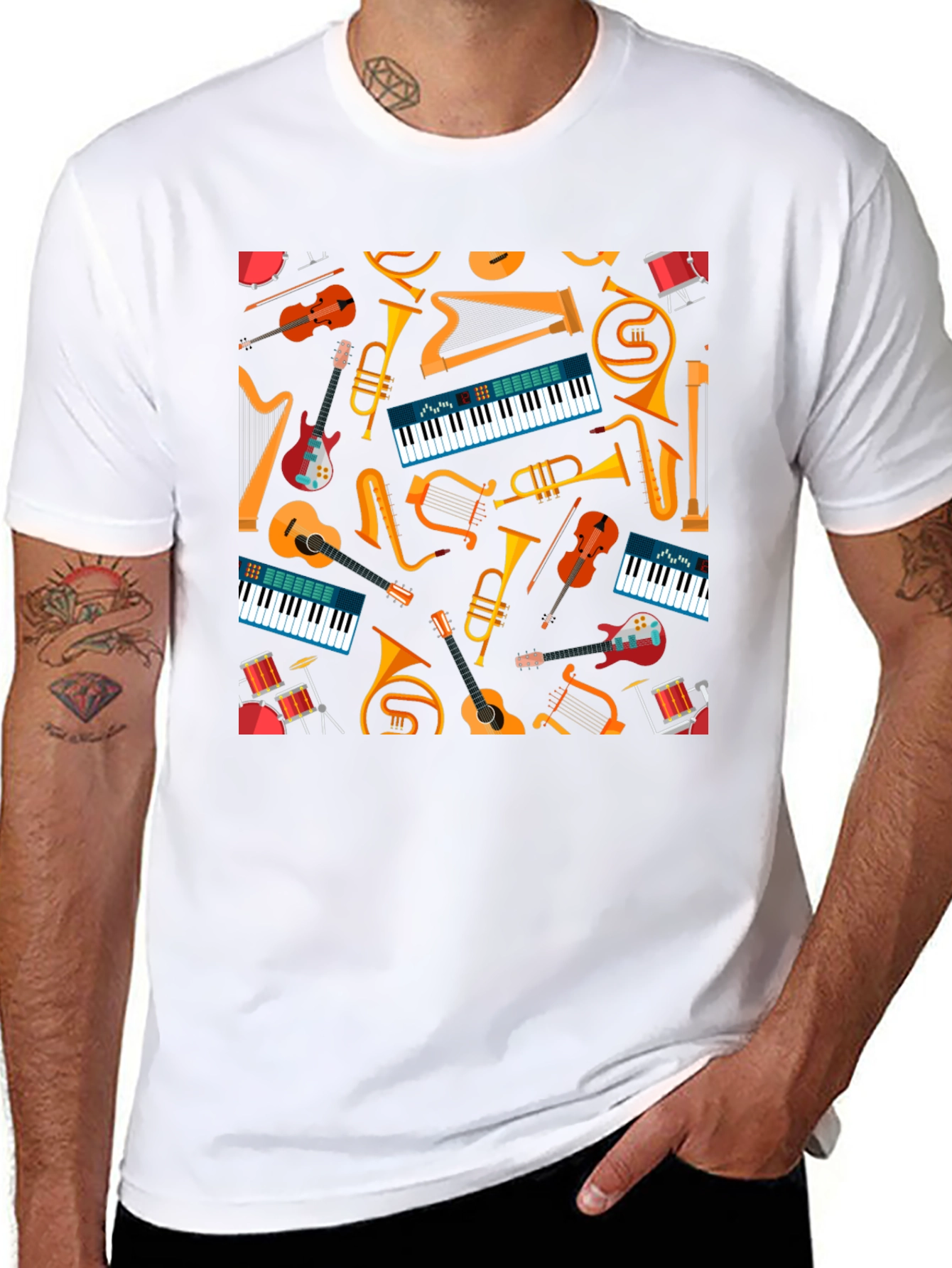 Musical Instrument Pattern Tee - Black Graphic T-Shirt