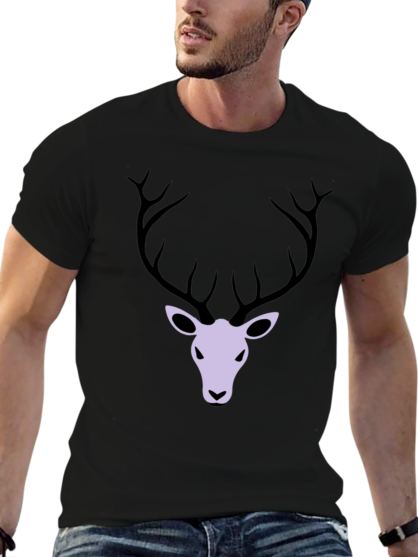 Mens Black T-Shirt with Deer Graphic