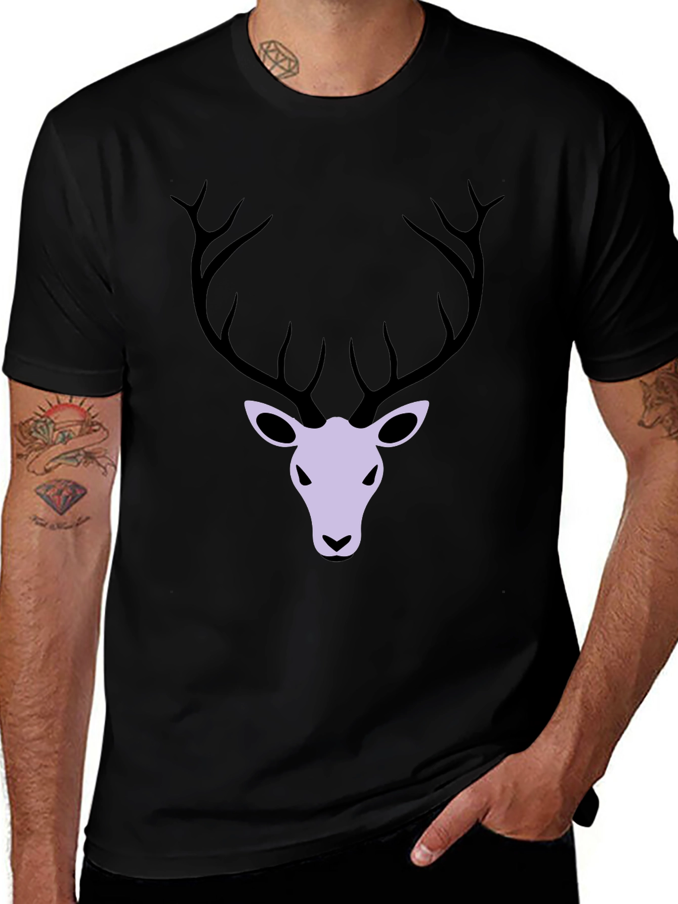 Mens Black T-Shirt with Deer Graphic