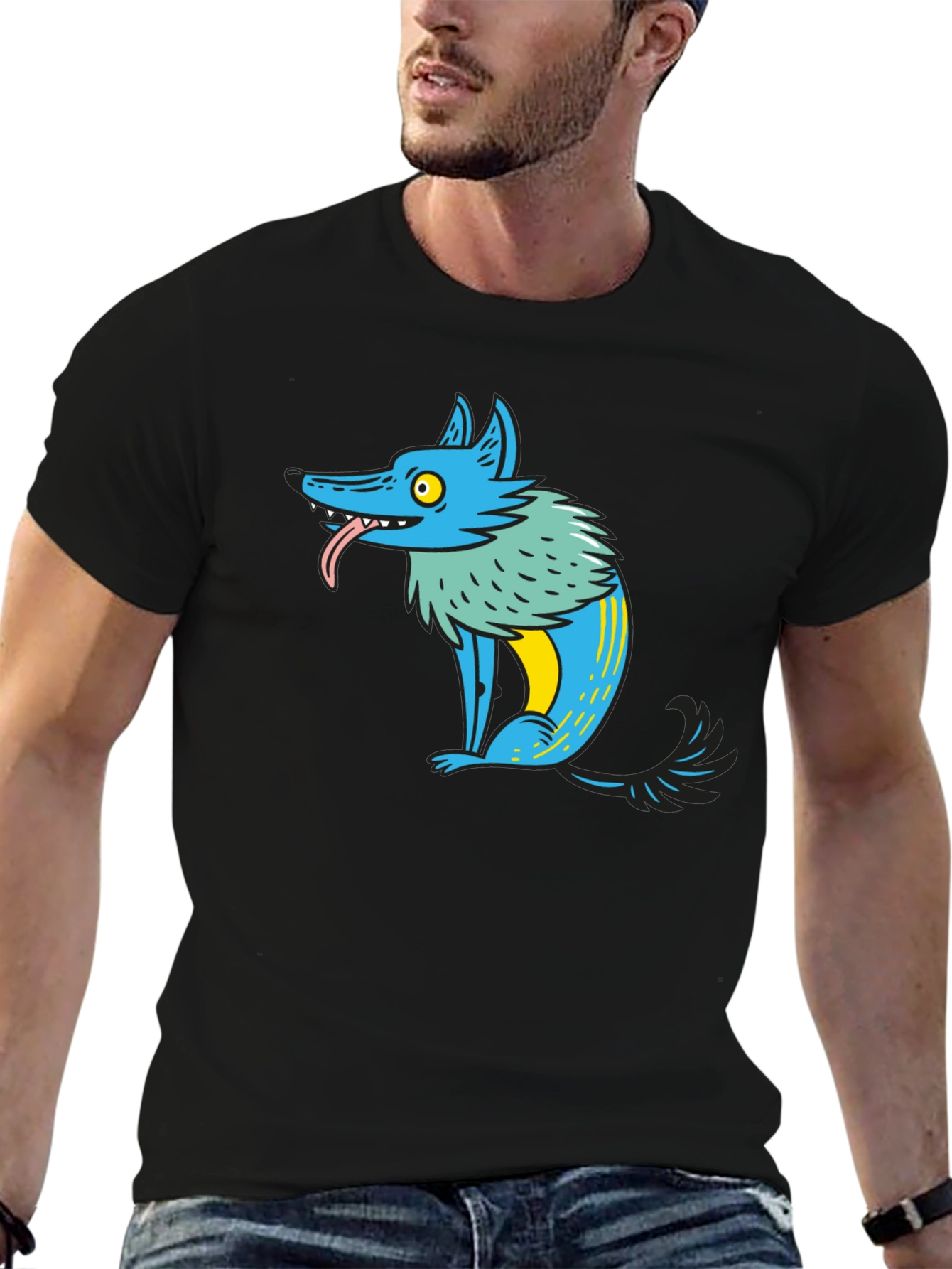 Cartoon Wolf Graphic Tee - Mens Black T-Shirt
