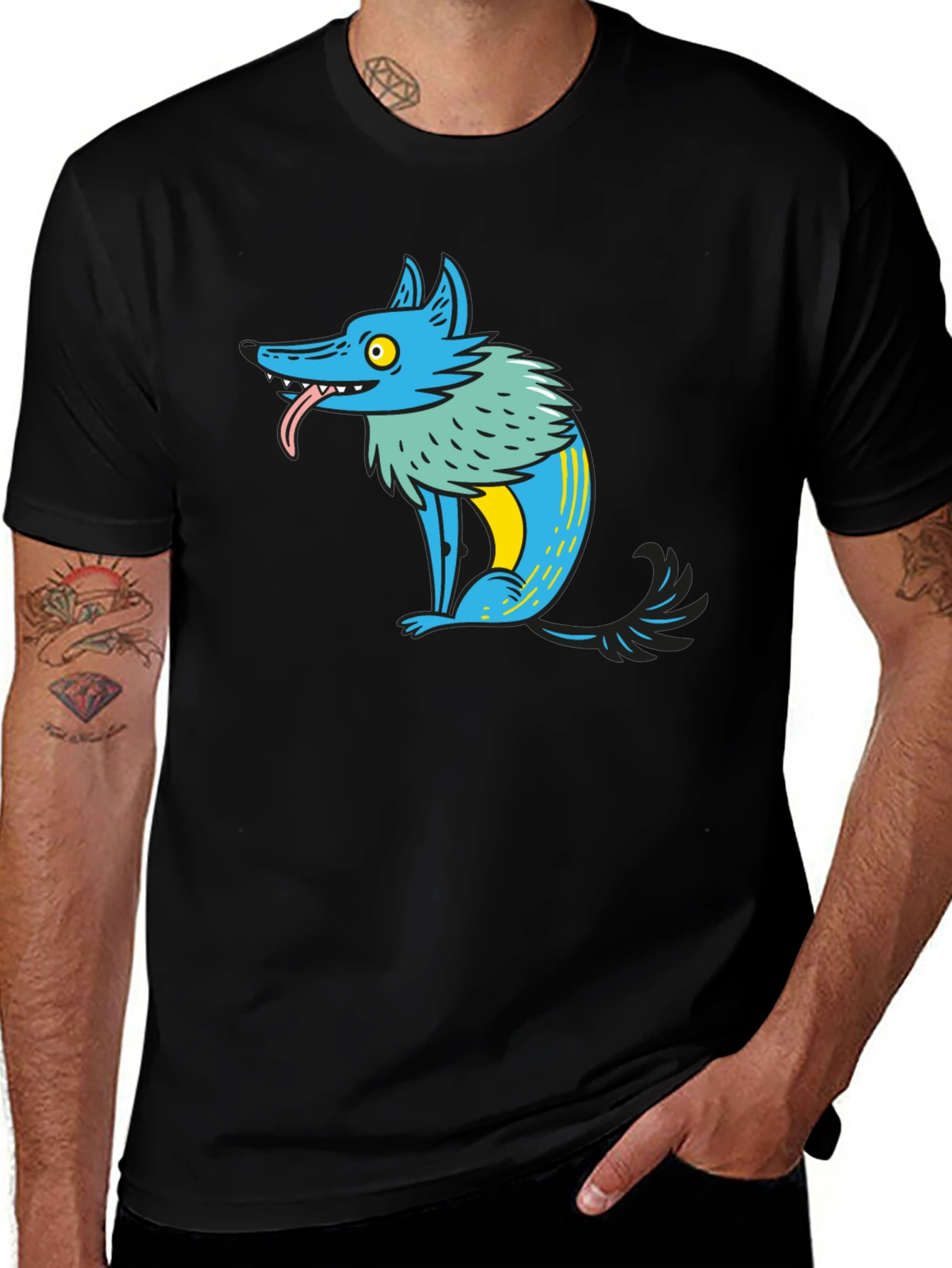 Cartoon Wolf Graphic Tee - Mens Black T-Shirt