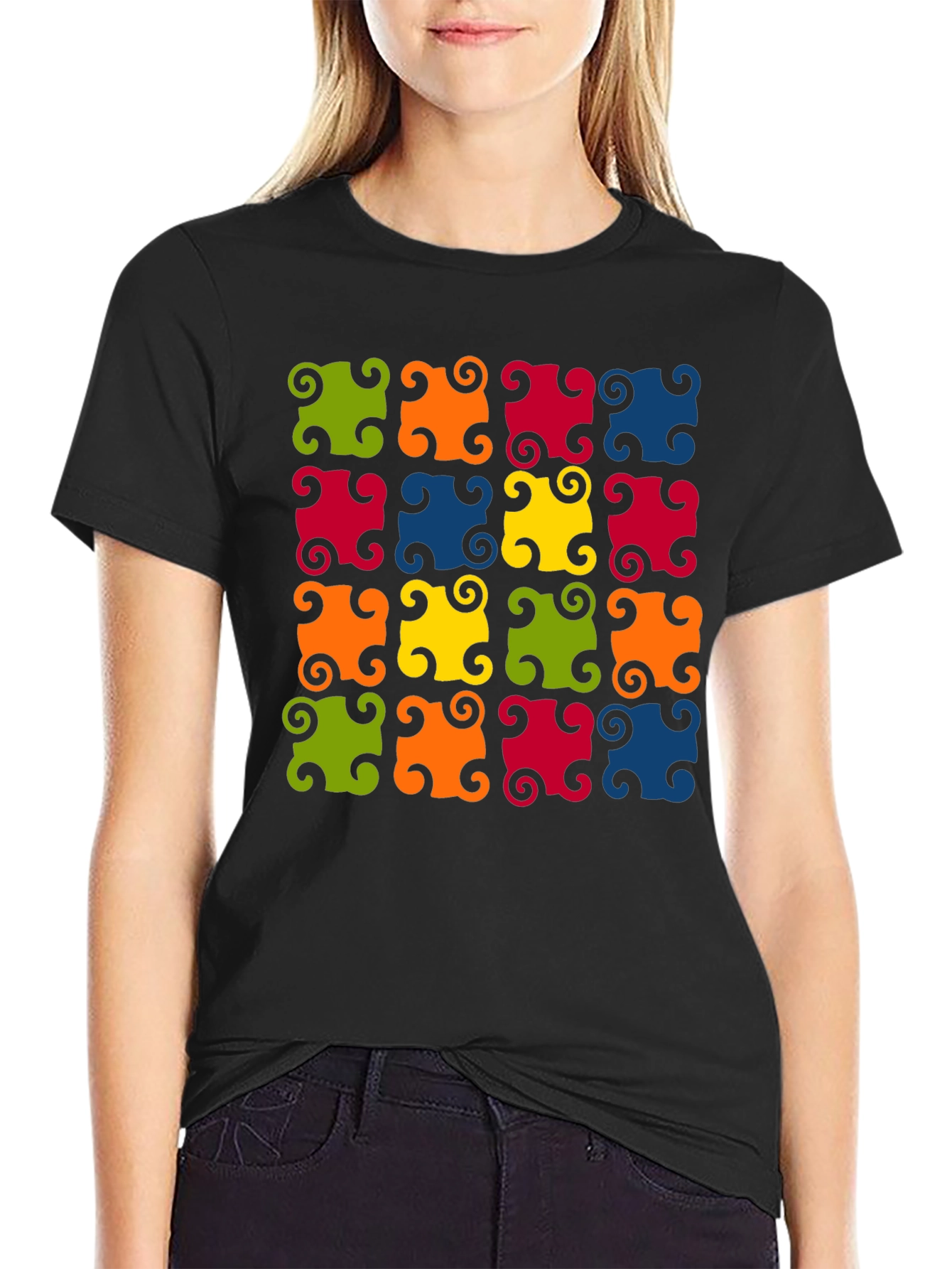 Colorful Patterned Black T-Shirt