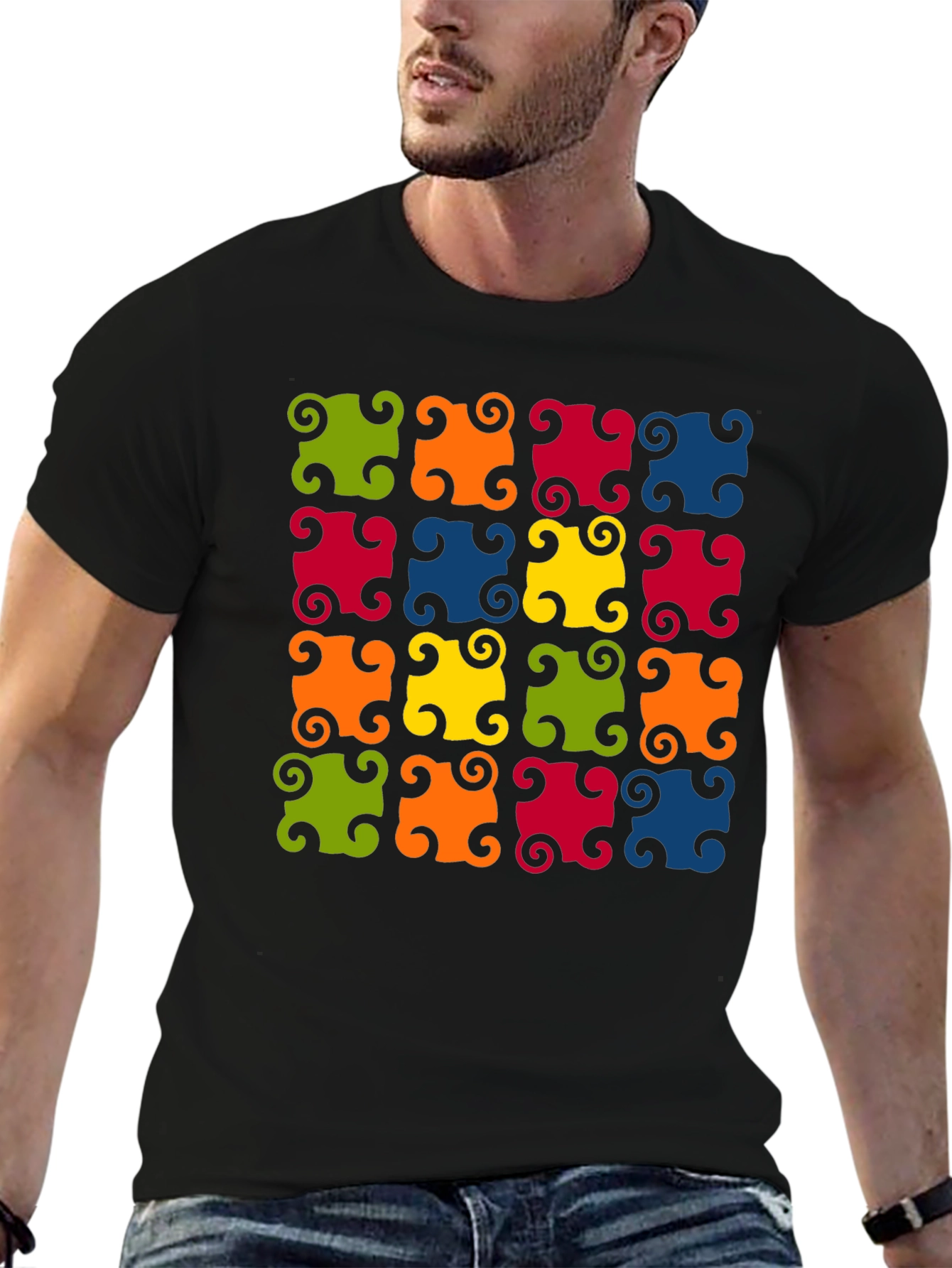 Colorful Patterned Black T-Shirt
