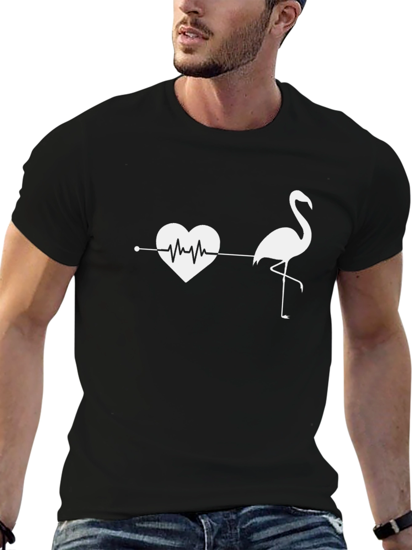 Heartbeat Flamingo Graphic Tee - Stylish Black T-Shirt