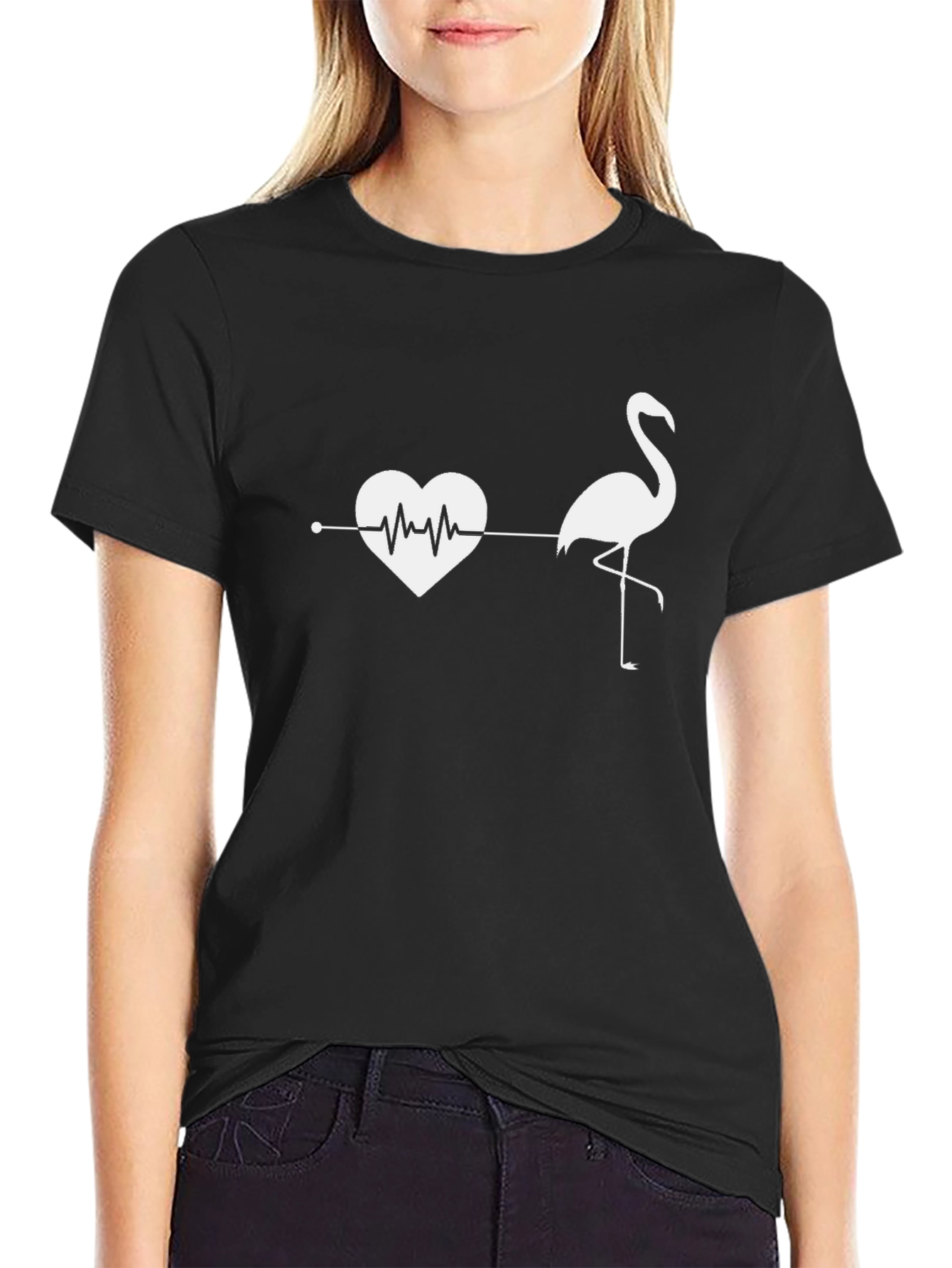 Heartbeat Flamingo Graphic Tee - Stylish Black T-Shirt