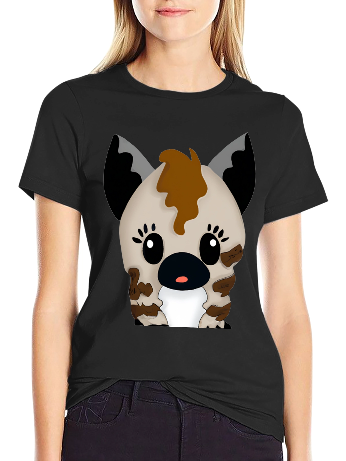 Cute Cartoon Hyena Graphic Black T-Shirt