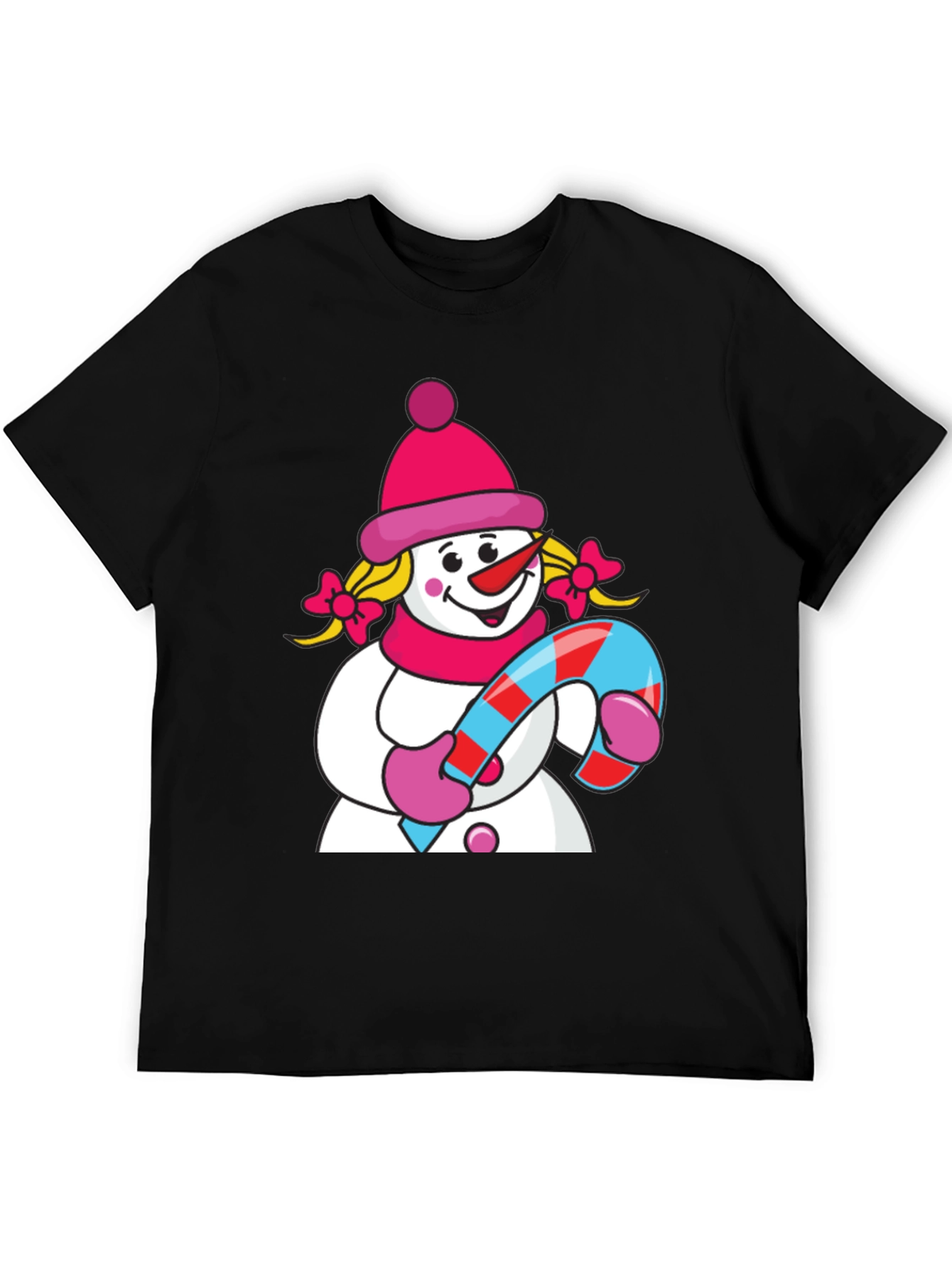 Cute Snowman with Candy Cane Black T-Shirt