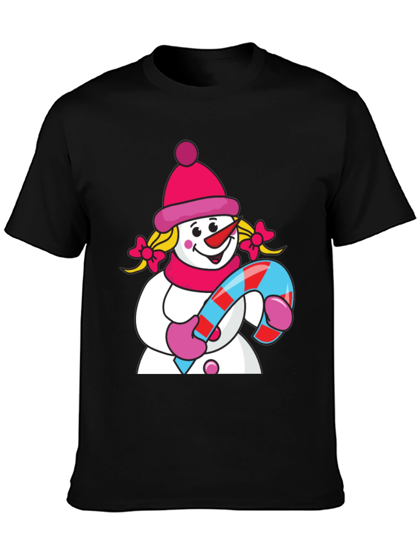 Cute Snowman with Candy Cane Black T-Shirt