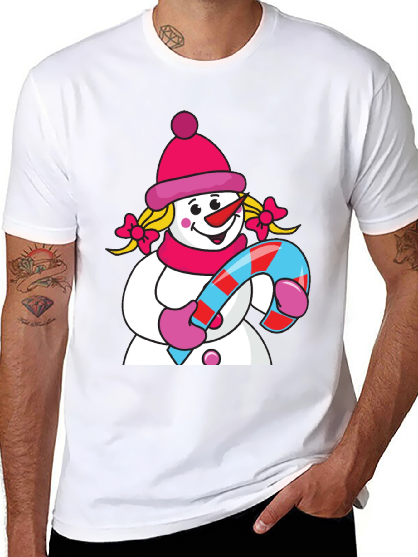 Cute Snowman with Candy Cane Black T-Shirt