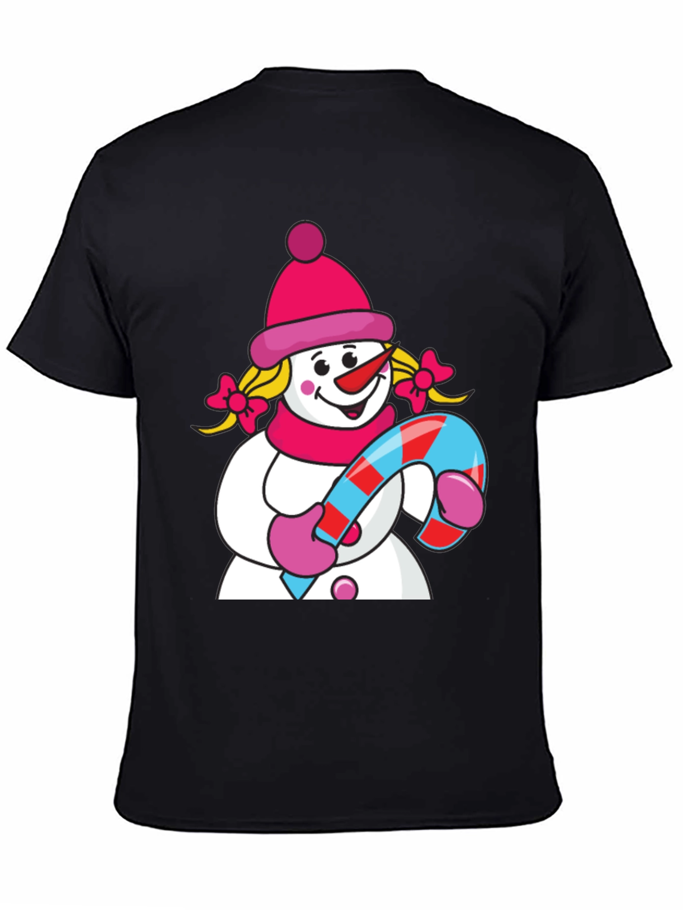 Cute Snowman with Candy Cane Black T-Shirt