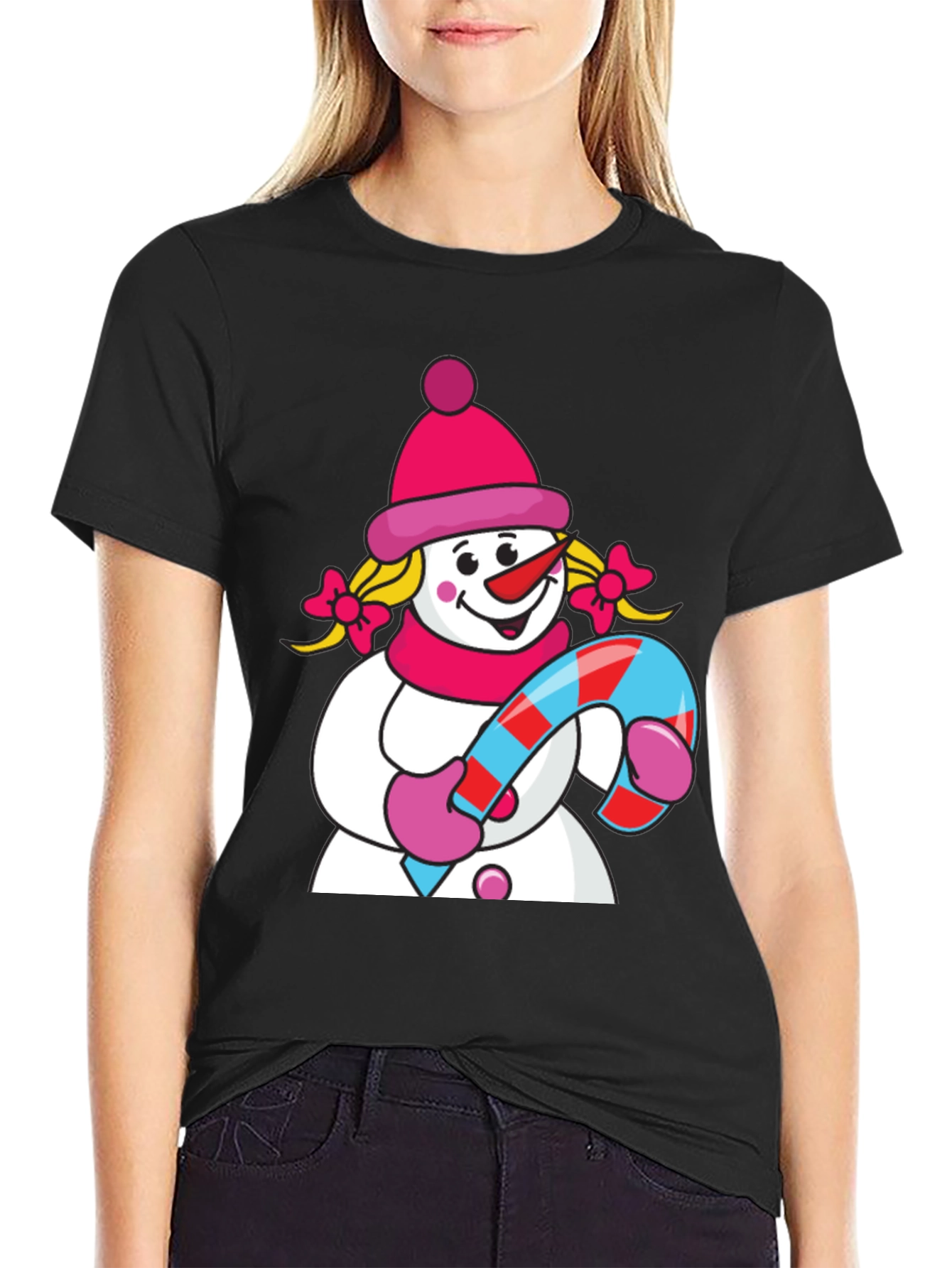 Cute Snowman with Candy Cane Black T-Shirt