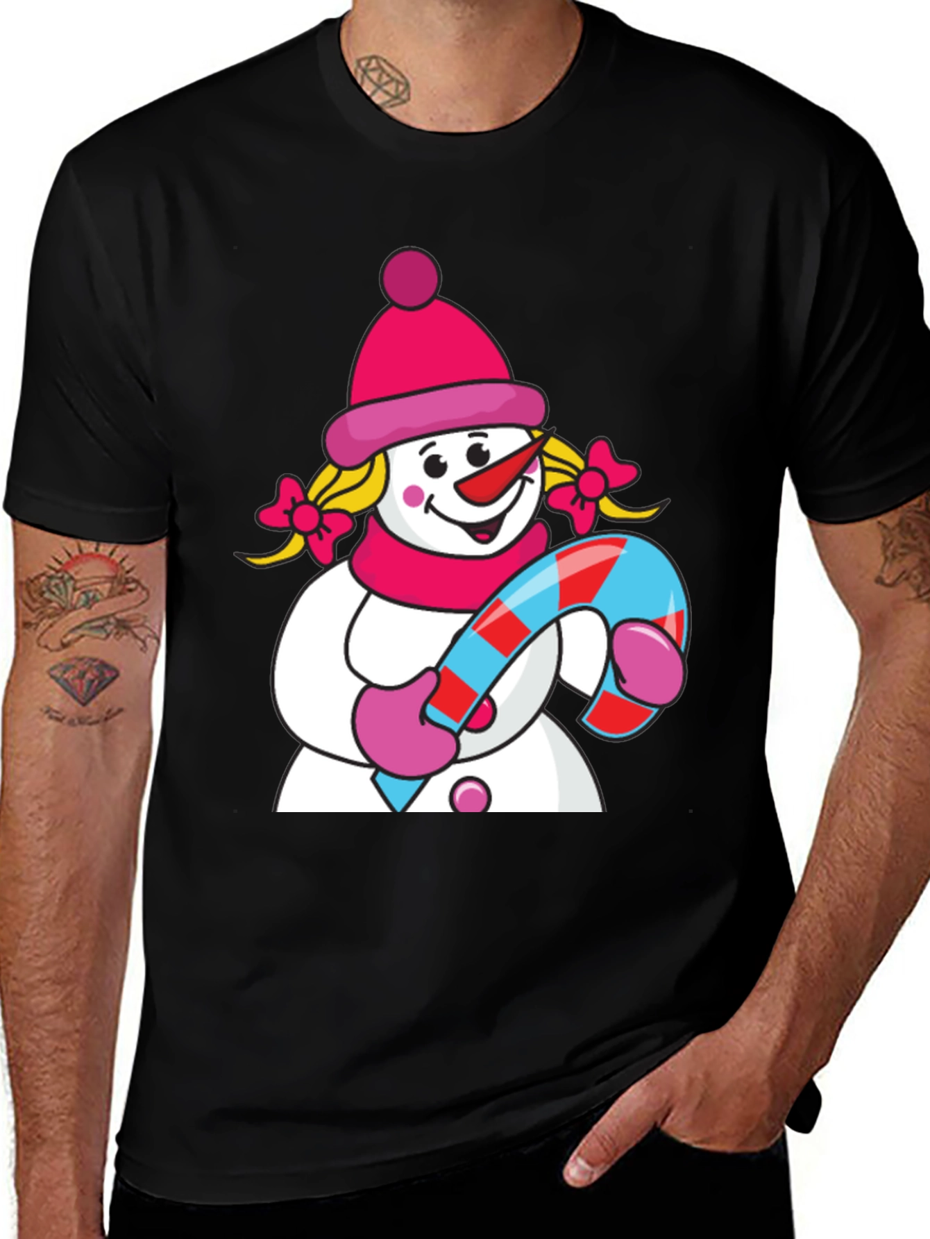 Cute Snowman with Candy Cane Black T-Shirt