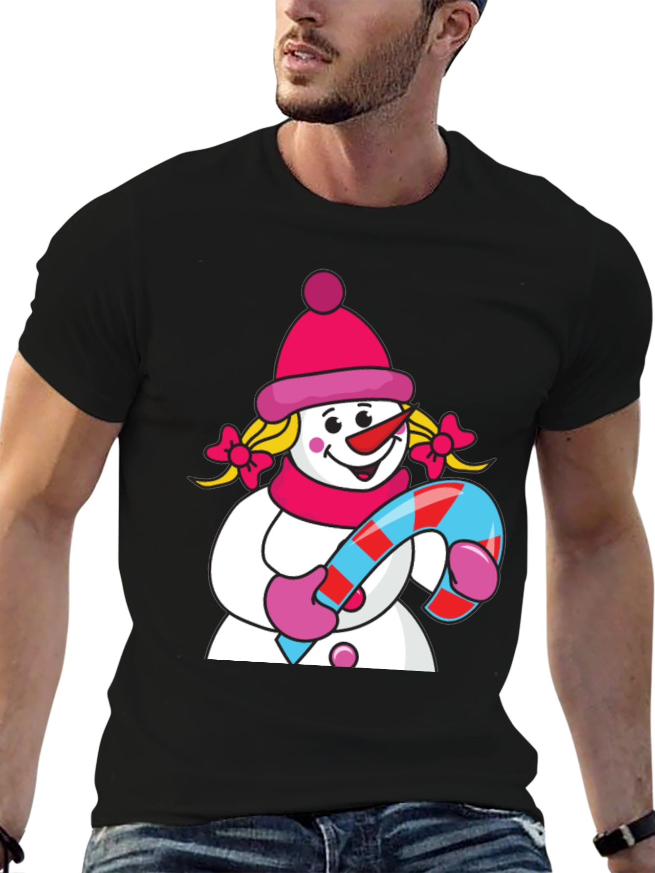 Cute Snowman with Candy Cane Black T-Shirt