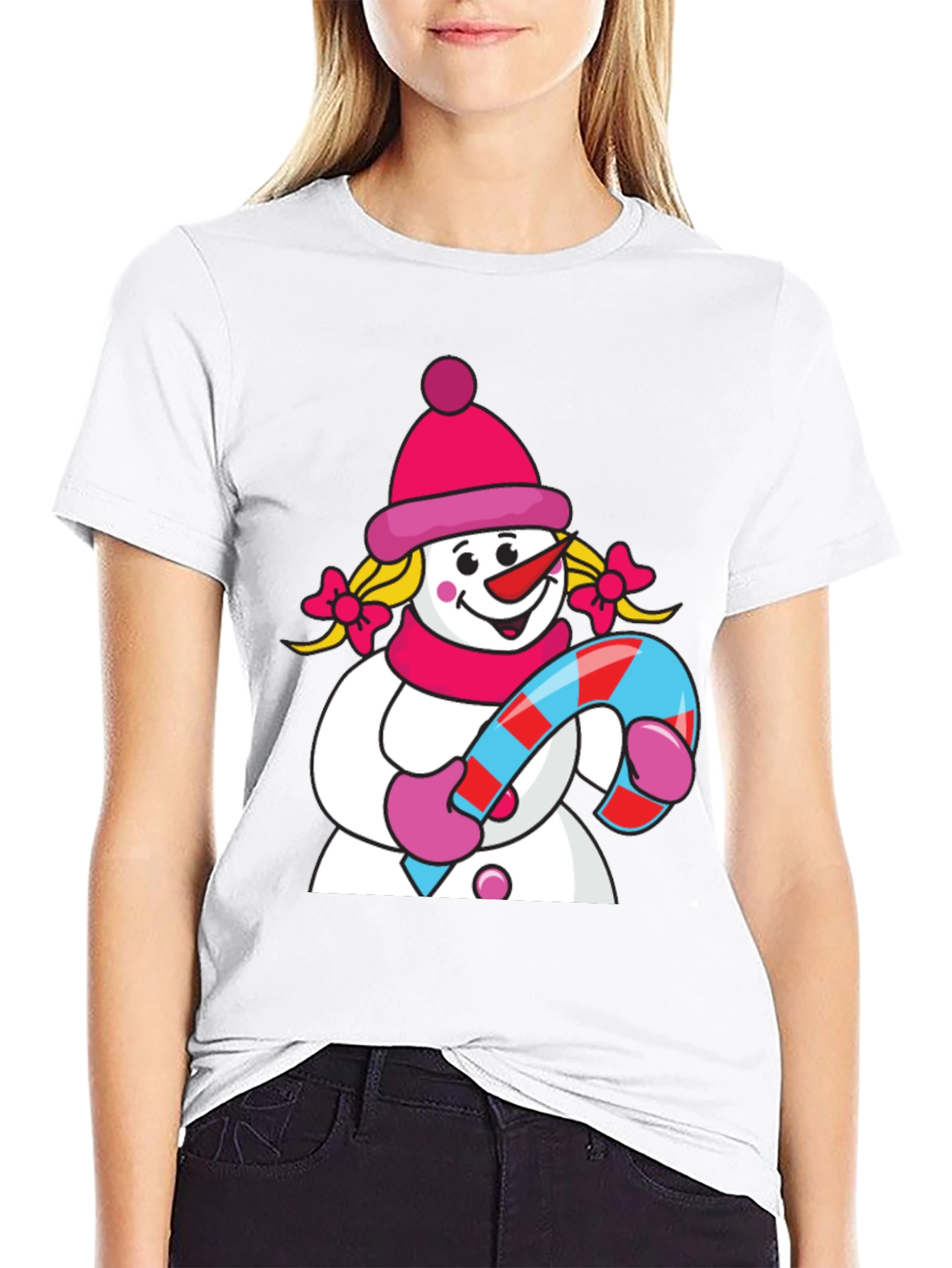 Cute Snowman with Candy Cane Black T-Shirt