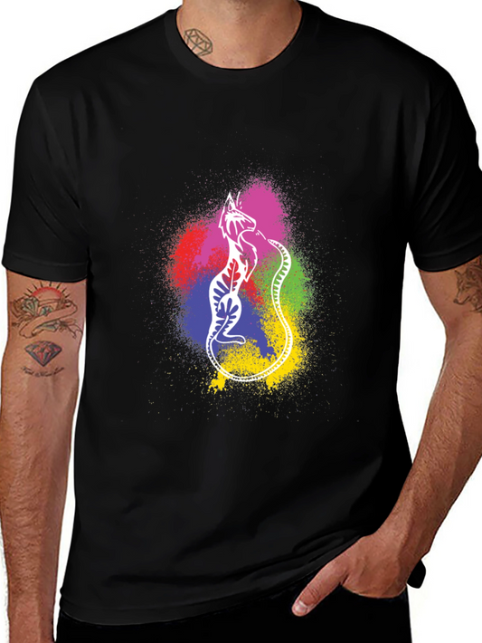 Colorful Cat Graphic T-Shirt - Black