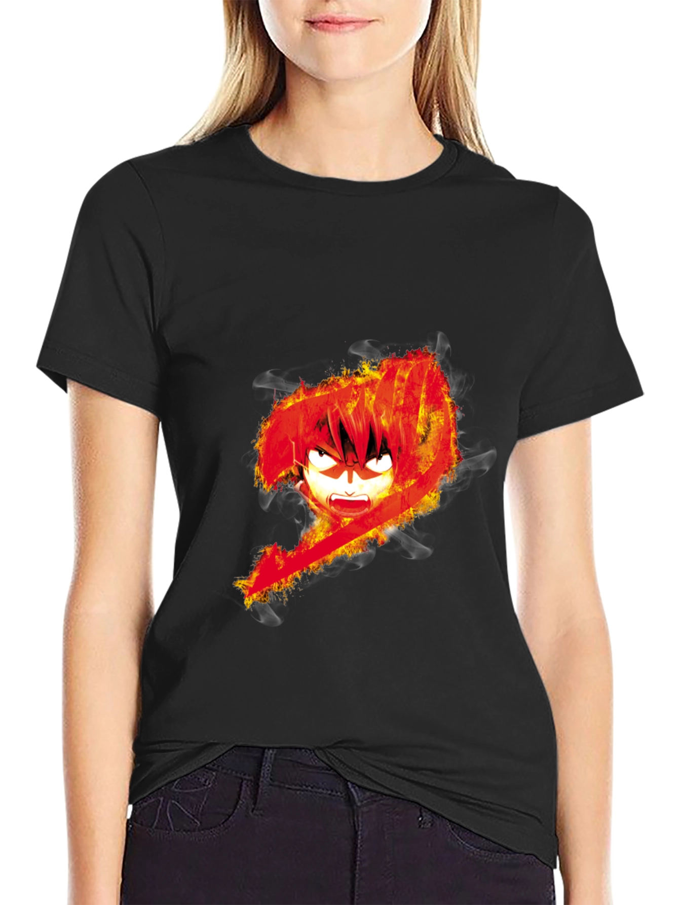 Fiery Anime Graphic Black T-Shirt