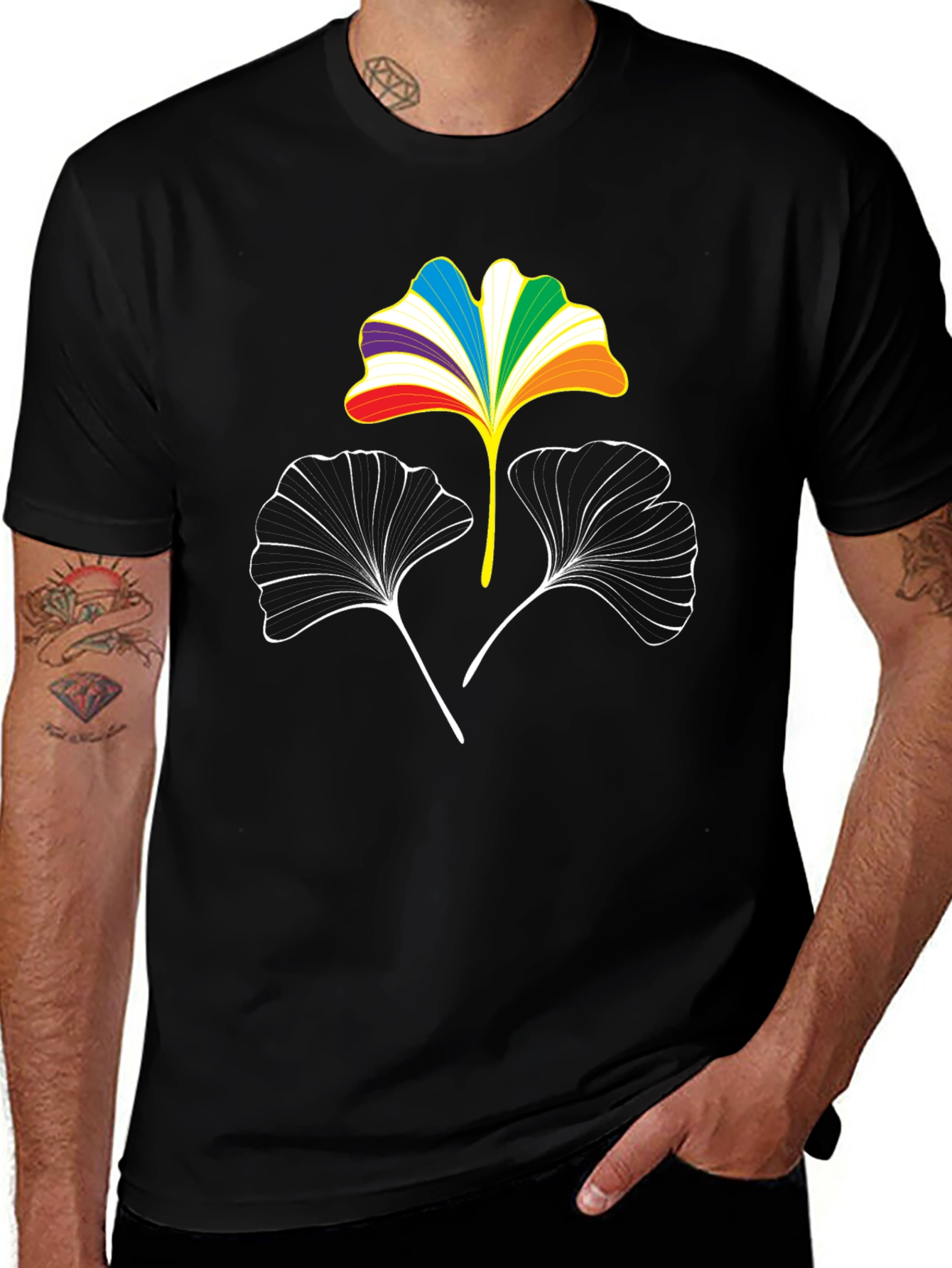 Rainbow Ginkgo Leaf Graphic Tee - Black