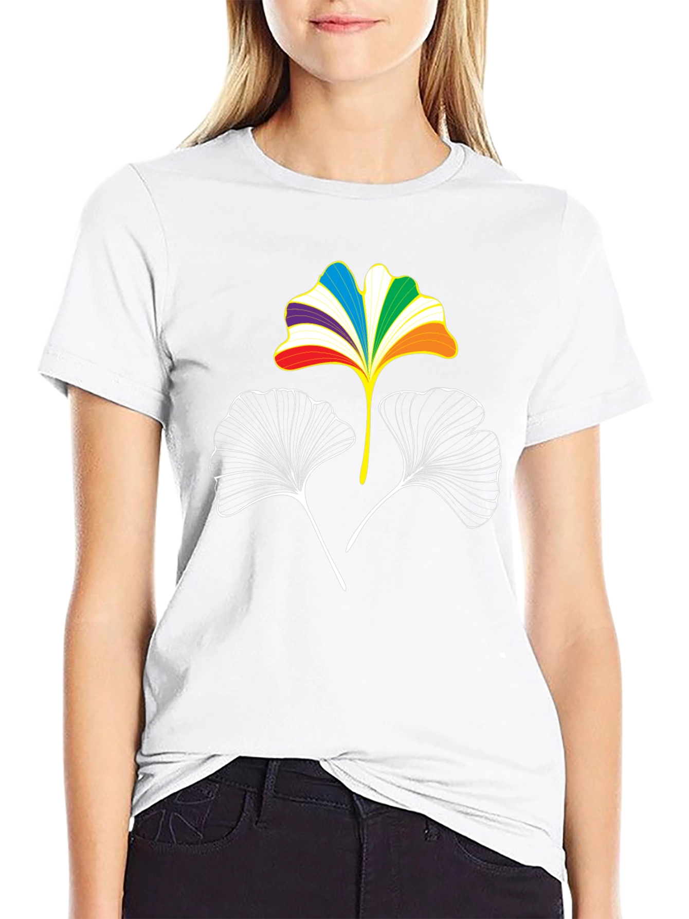 Rainbow Ginkgo Leaf Graphic Tee - Black