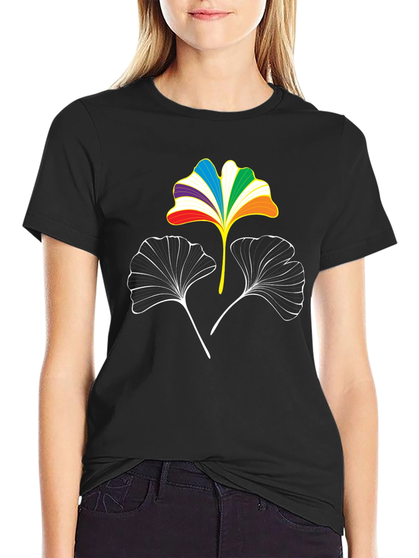 Rainbow Ginkgo Leaf Graphic Tee - Black