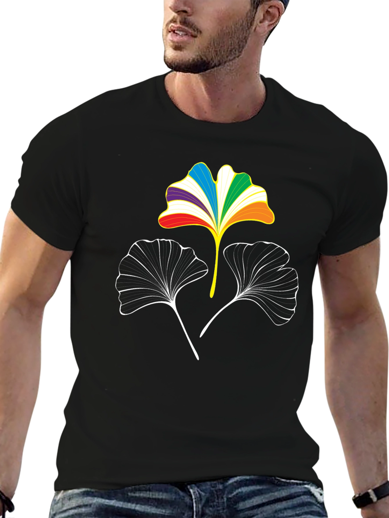 Rainbow Ginkgo Leaf Graphic Tee - Black