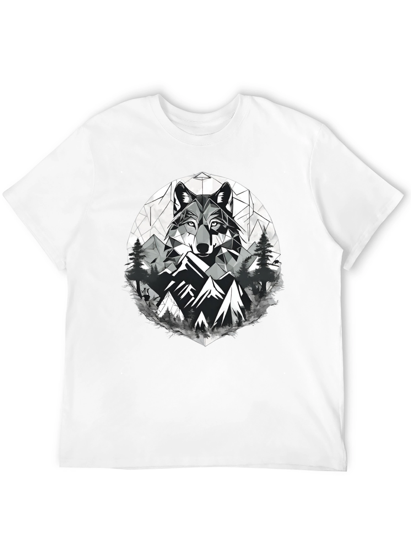 Geometric Wolf & Mountain Graphic Tee - Black