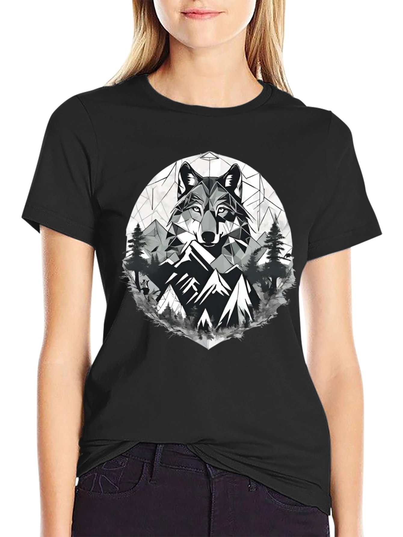 Geometric Wolf & Mountain Graphic Tee - Black