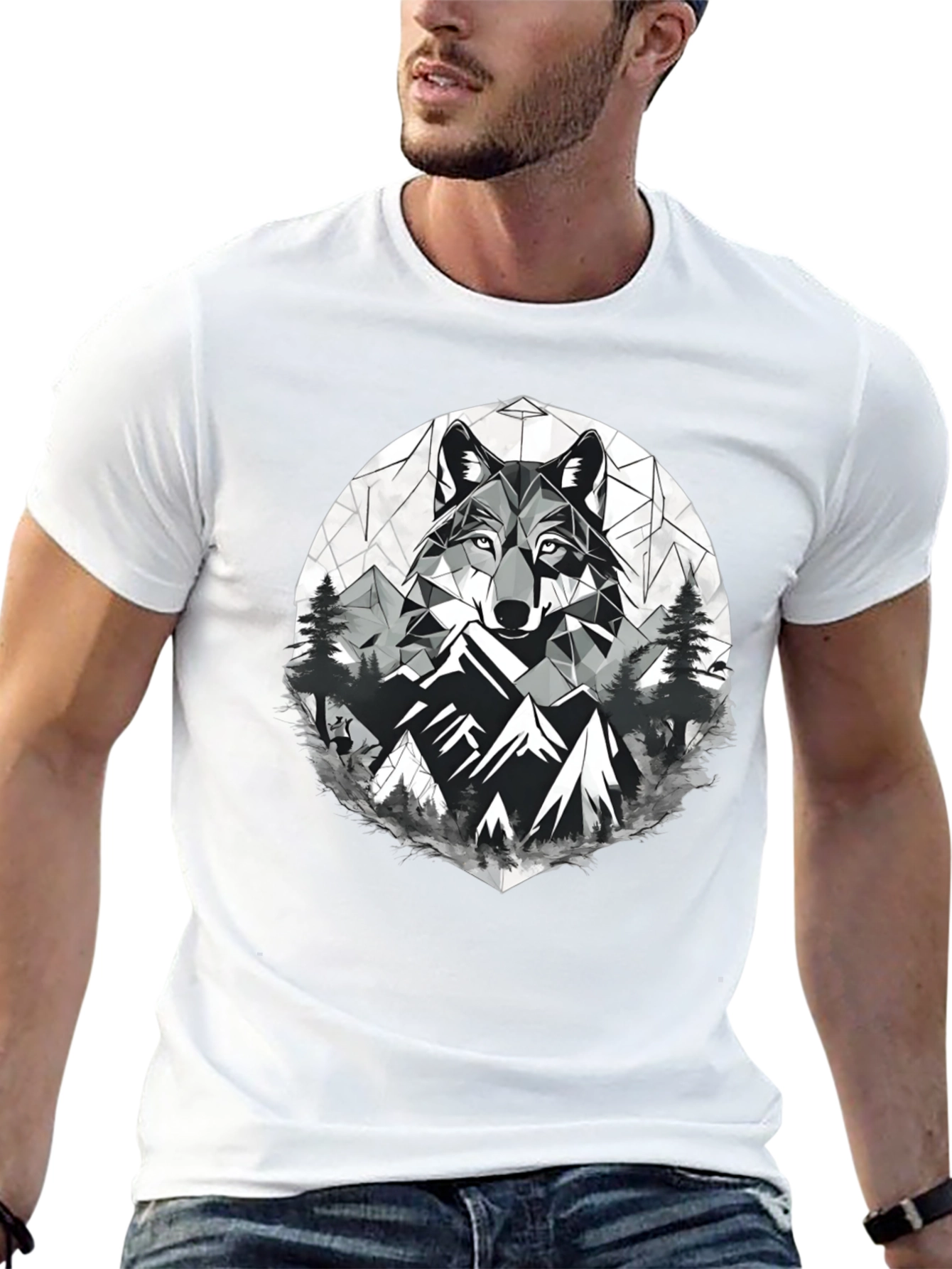 Geometric Wolf & Mountain Graphic Tee - Black