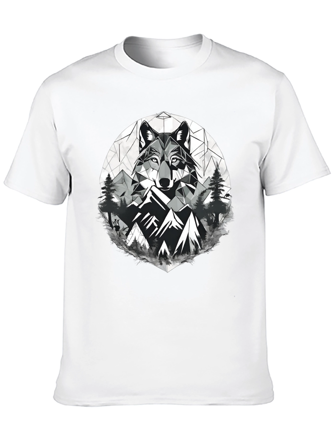 Geometric Wolf & Mountain Graphic Tee - Black
