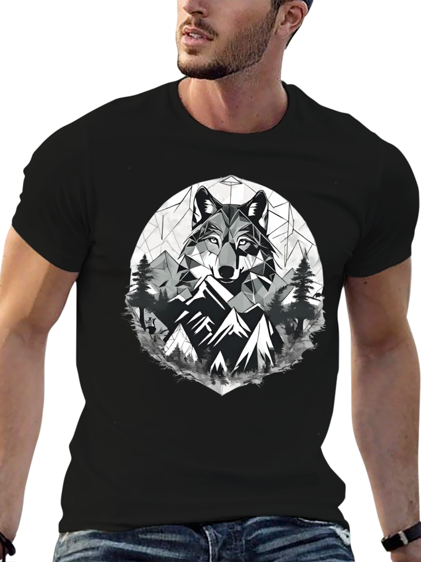 Geometric Wolf & Mountain Graphic Tee - Black