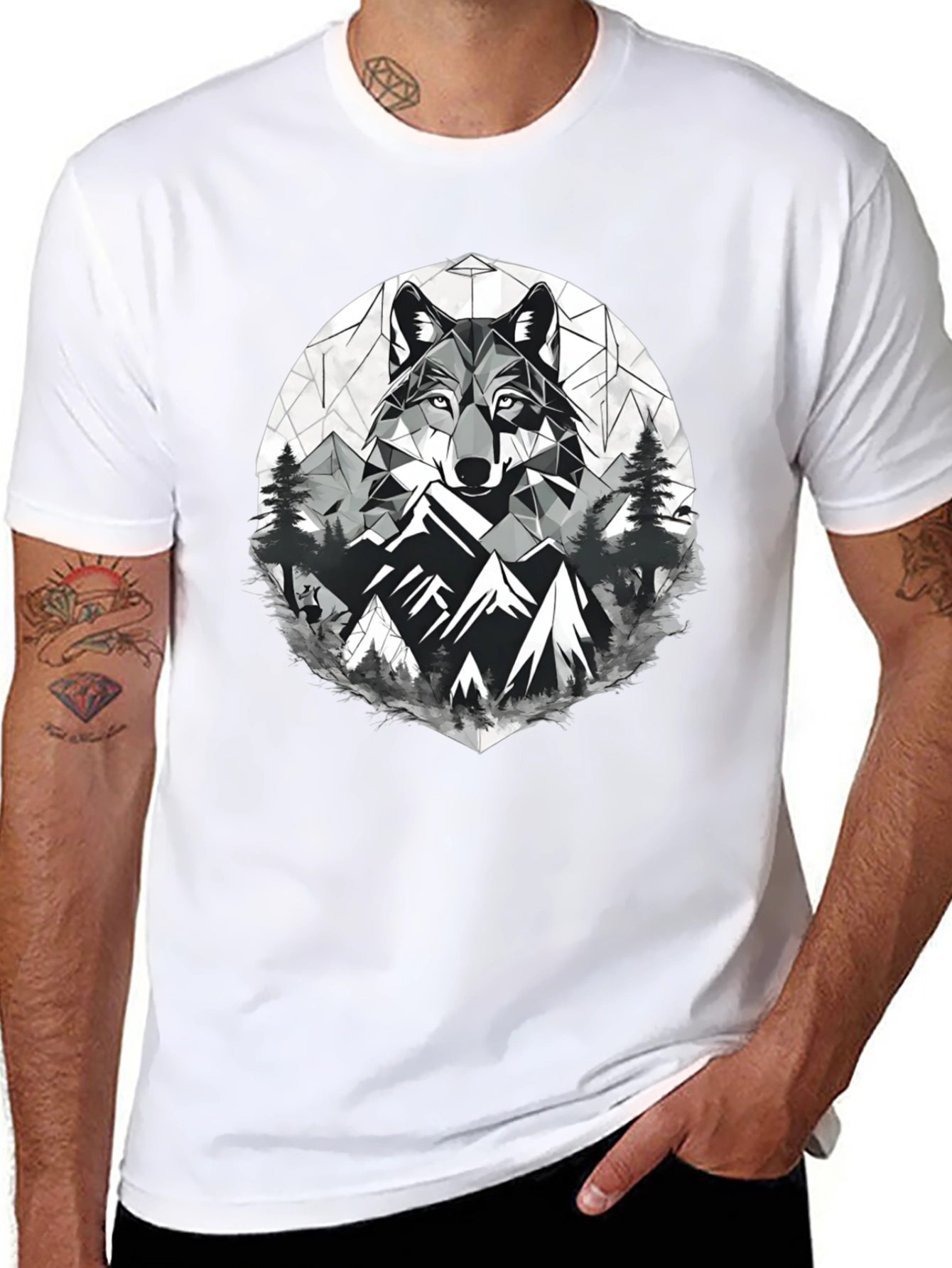Geometric Wolf & Mountain Graphic Tee - Black