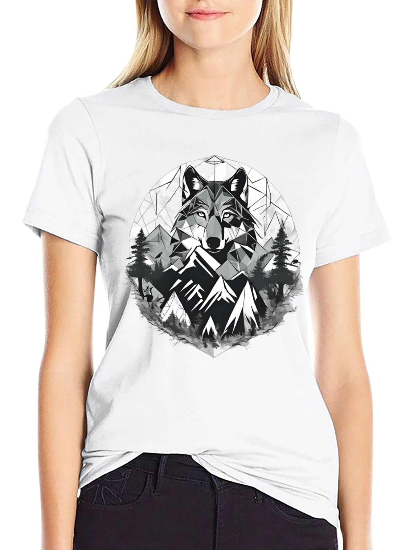 Geometric Wolf & Mountain Graphic Tee - Black