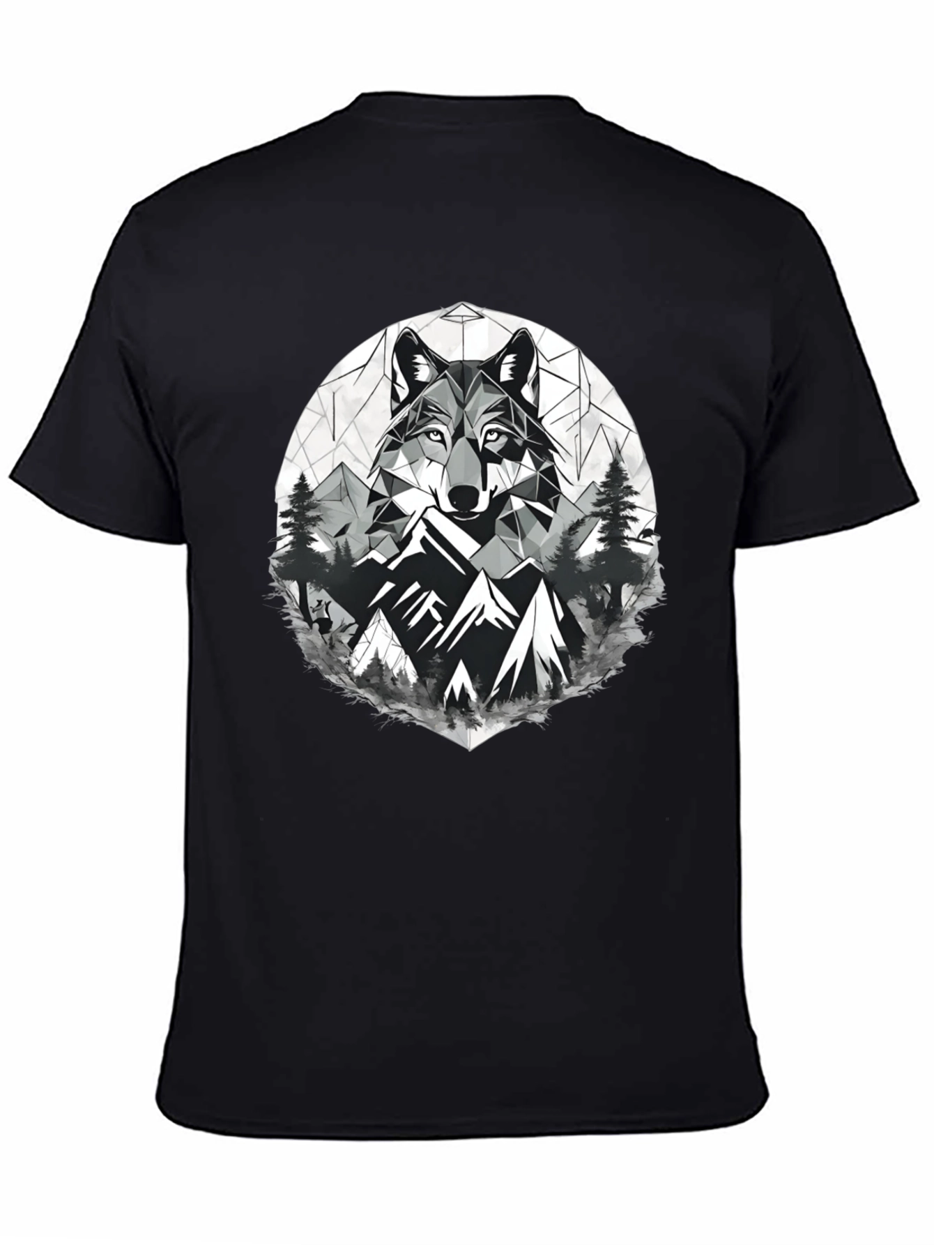 Geometric Wolf & Mountain Graphic Tee - Black