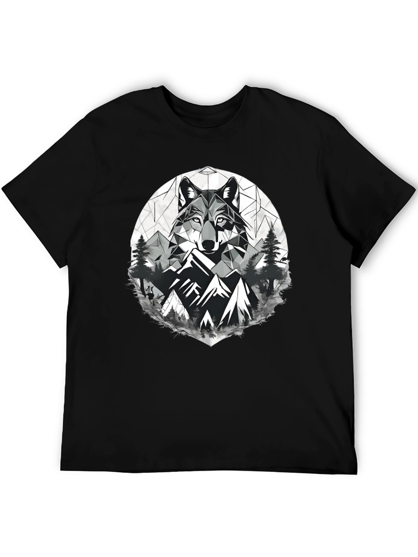 Geometric Wolf & Mountain Graphic Tee - Black