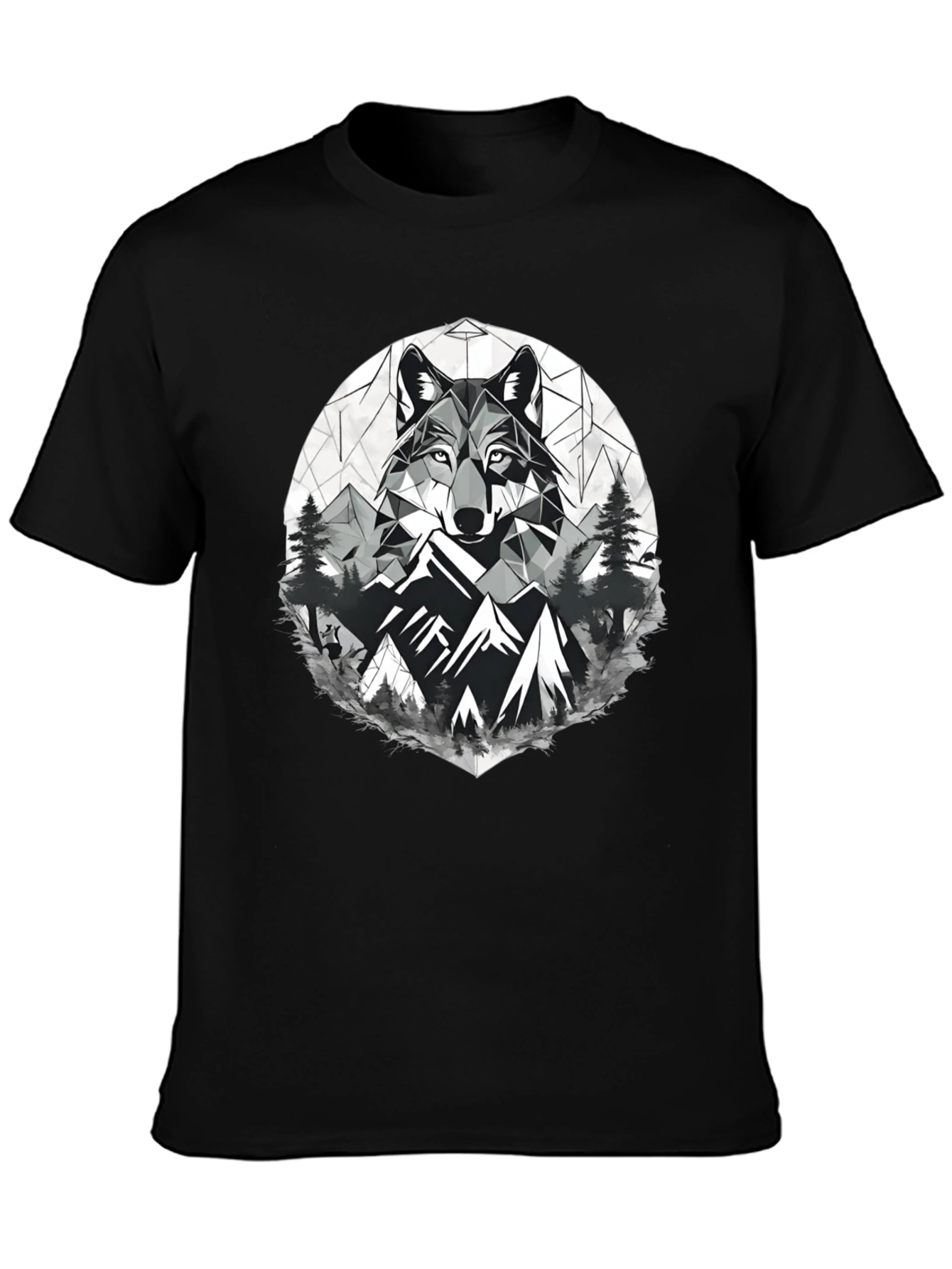 Geometric Wolf & Mountain Graphic Tee - Black