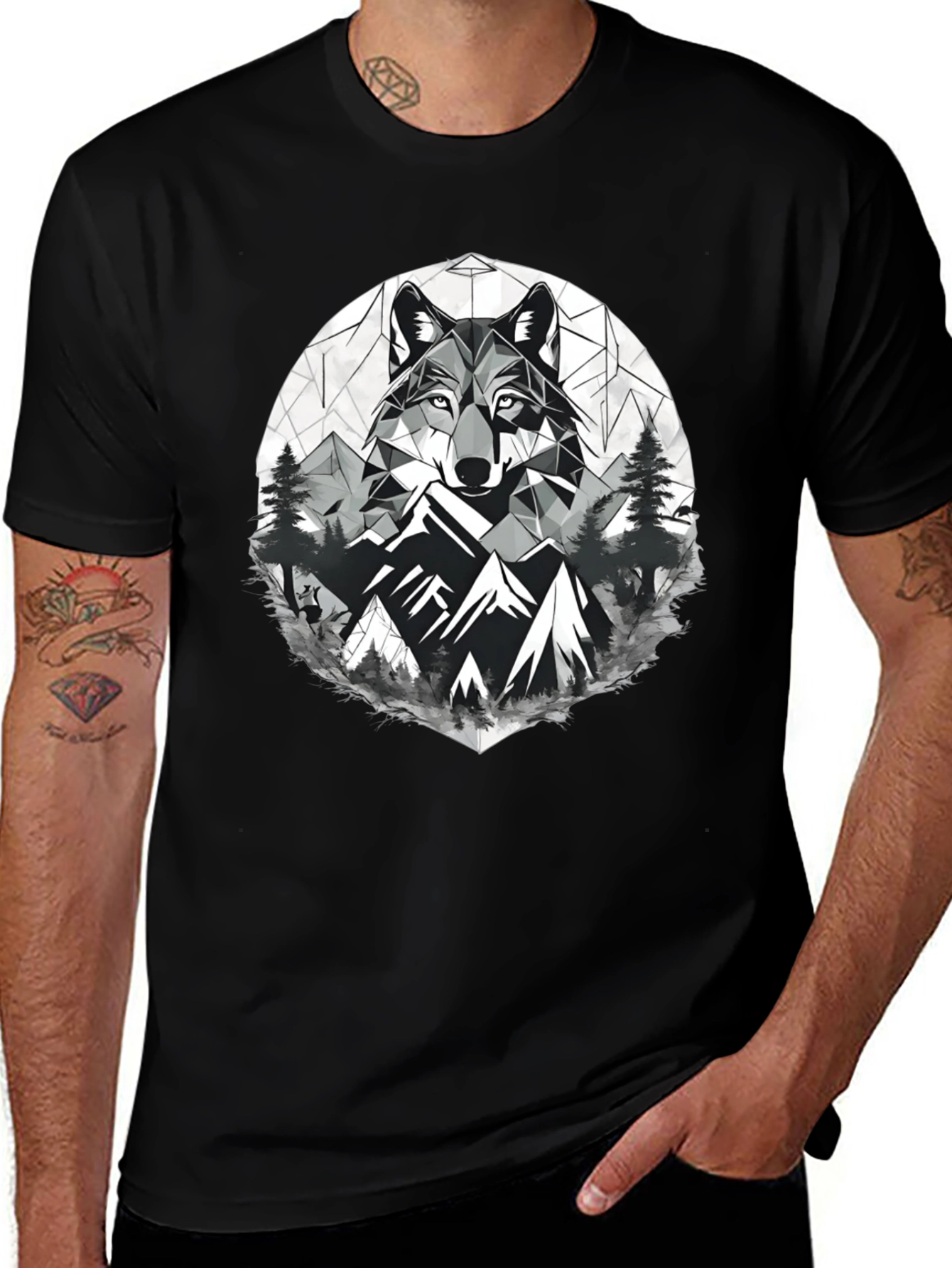 Geometric Wolf & Mountain Graphic Tee - Black