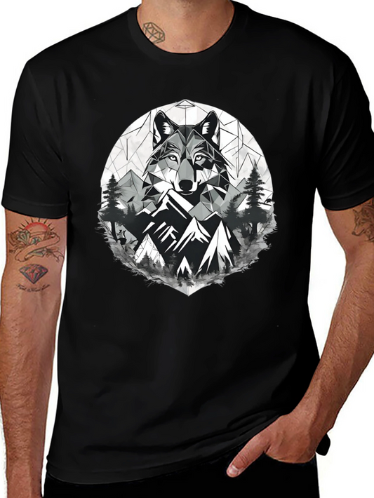 Geometric Wolf & Mountain Graphic Tee - Black