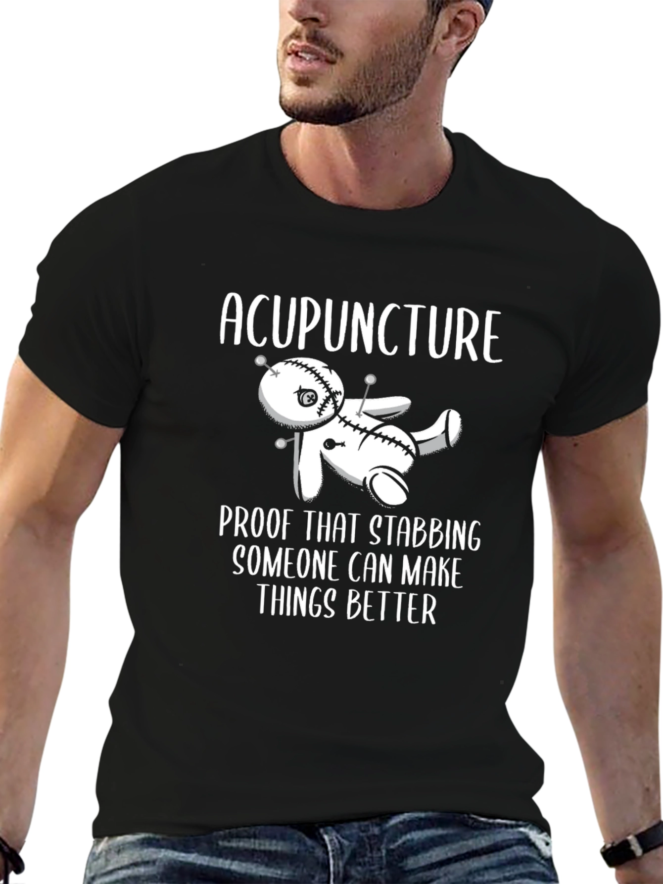 Acupuncture Stabbing Voodoo Doll Funny Black T-Shirt