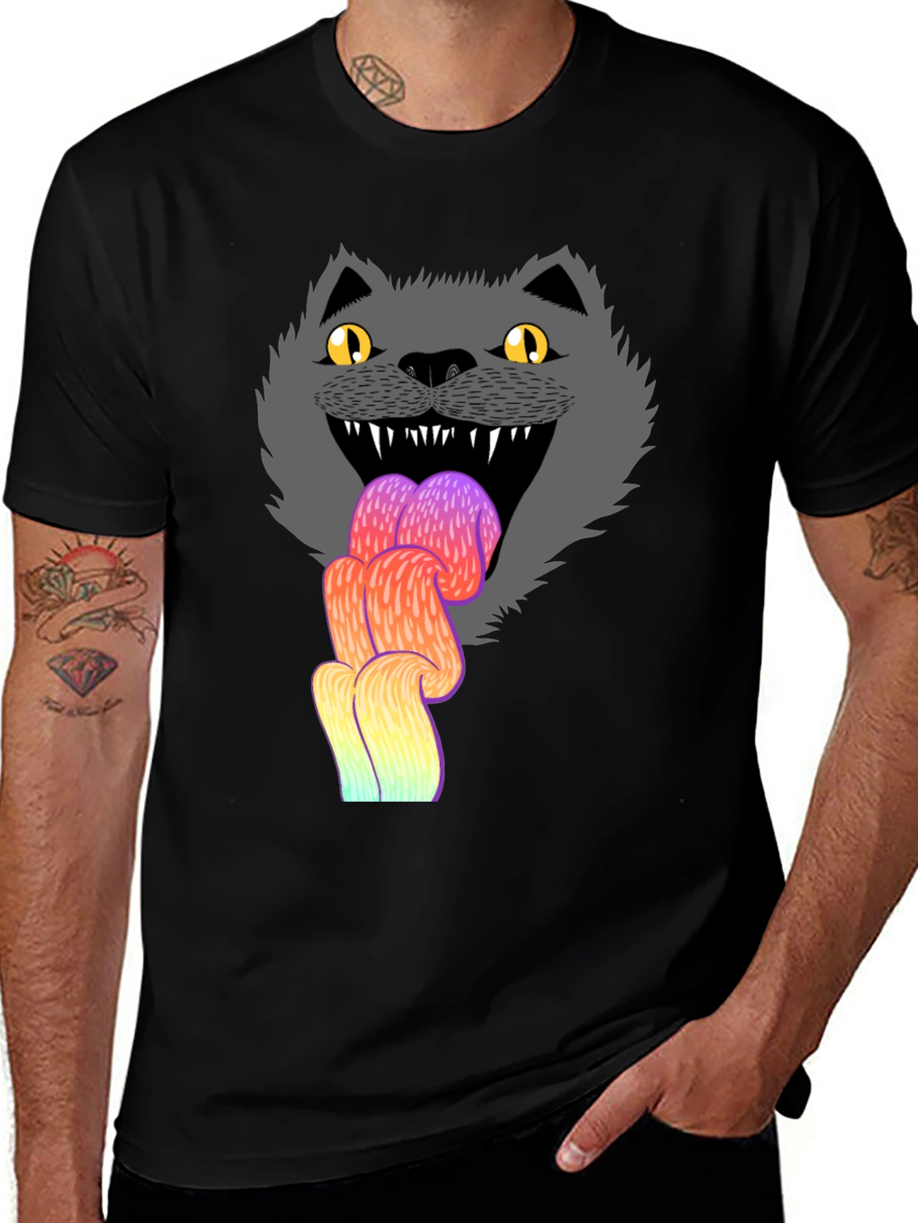 Crazy Cat Tongue T-Shirt - Mens Black Graphic Tee