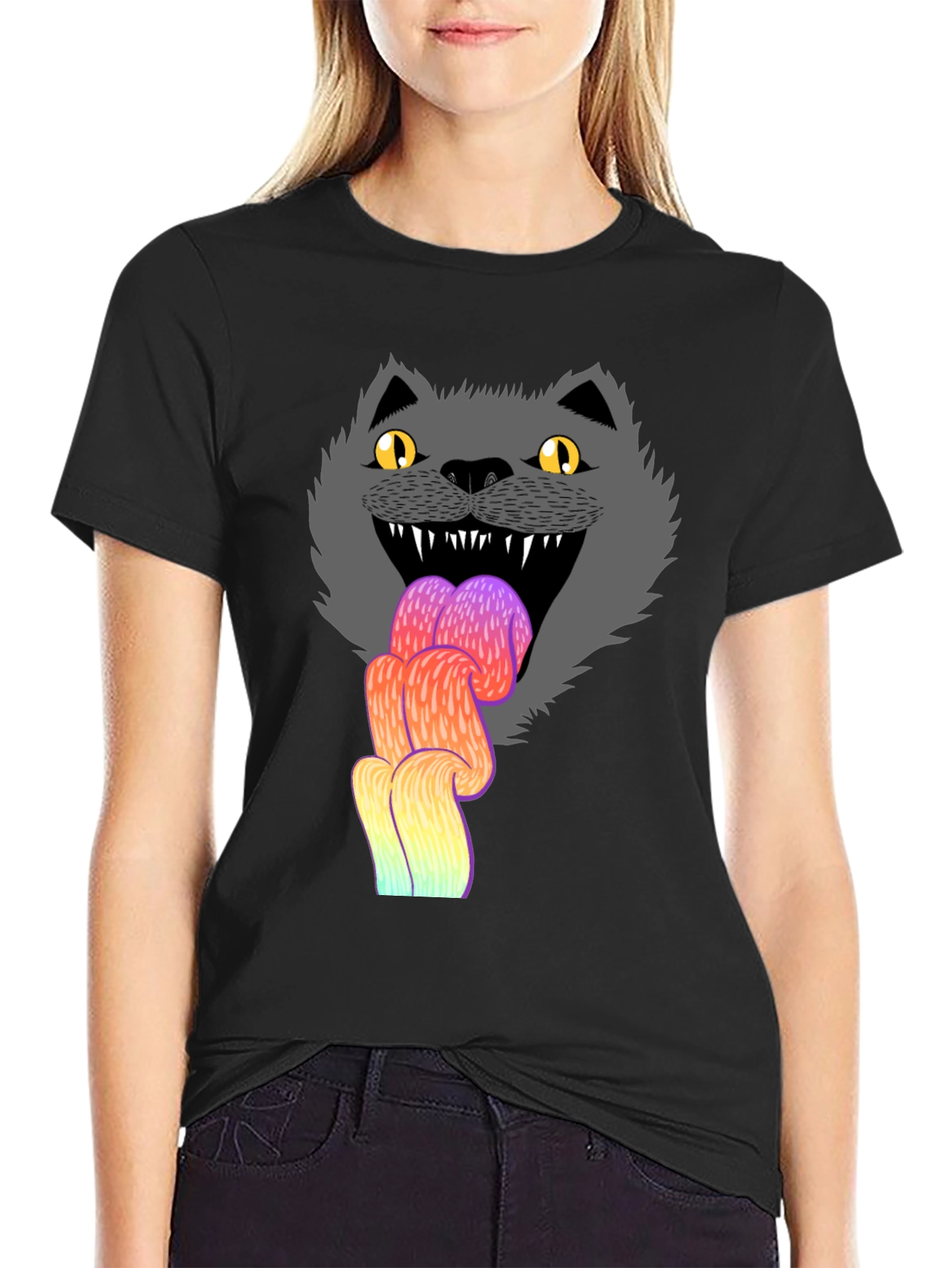 Crazy Cat Tongue T-Shirt - Mens Black Graphic Tee