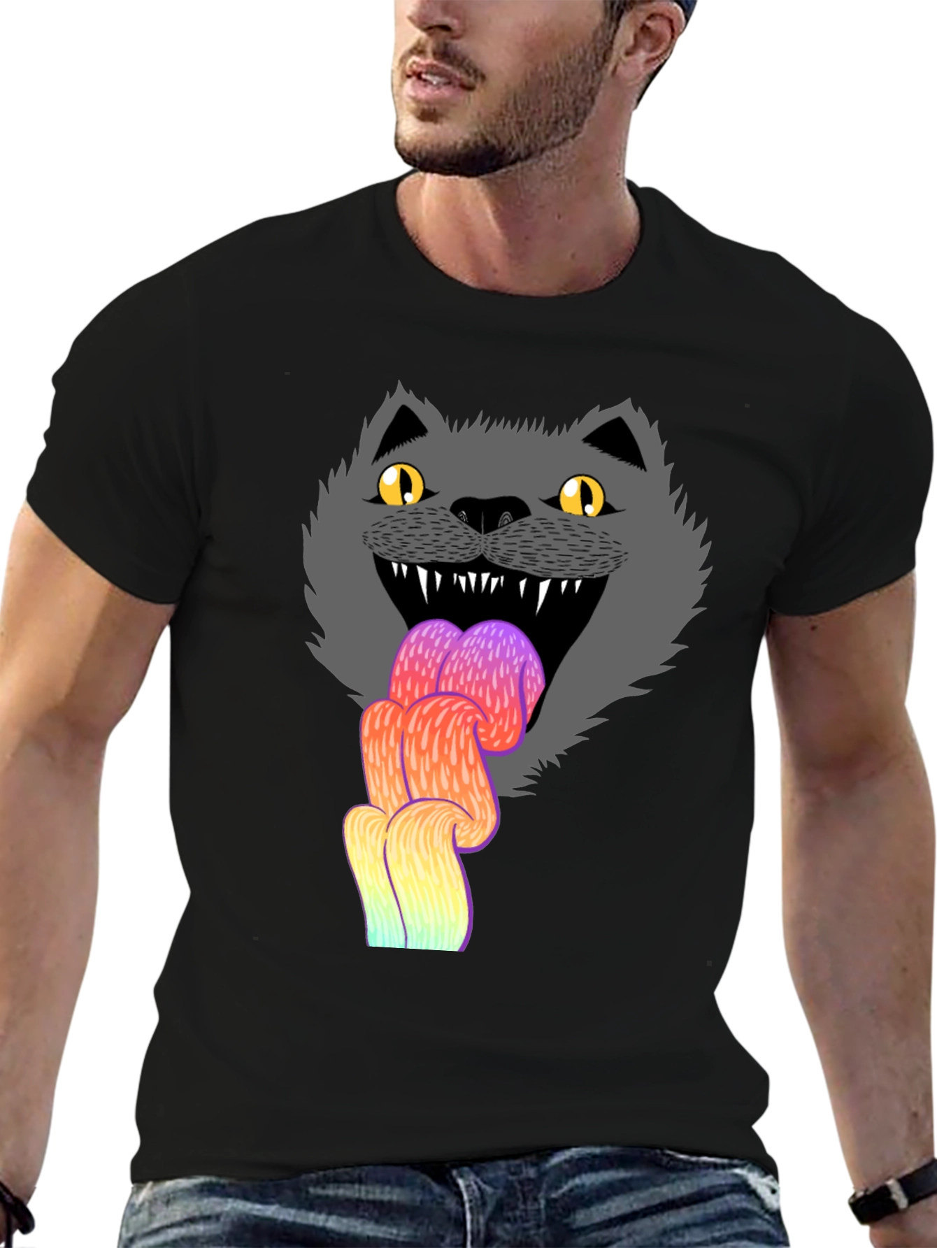 Crazy Cat Tongue T-Shirt - Mens Black Graphic Tee