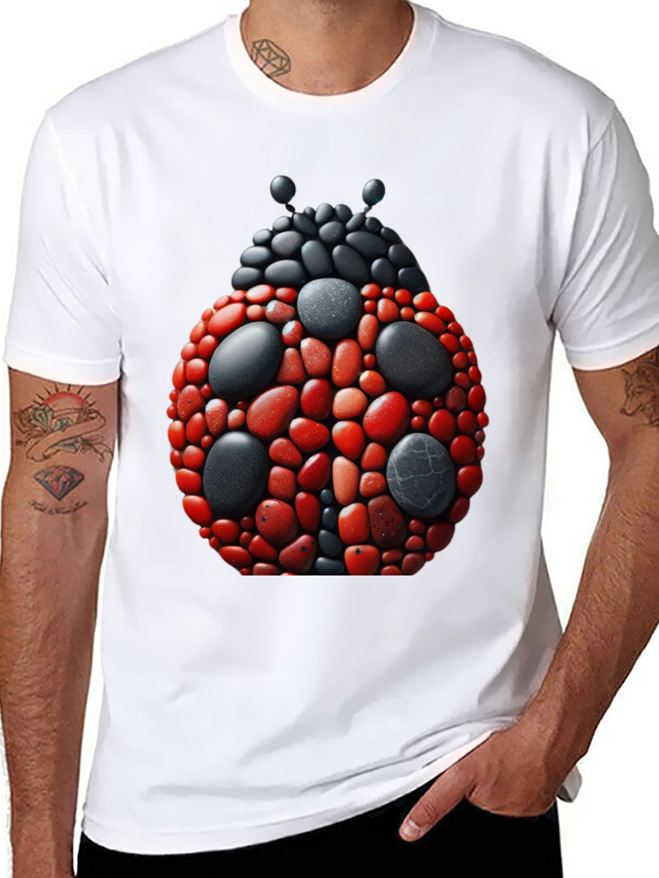 Ladybug Pebble Art Graphic Tee - Black Cotton
