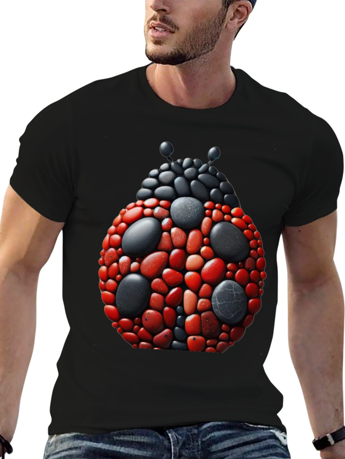 Ladybug Pebble Art Graphic Tee - Black Cotton