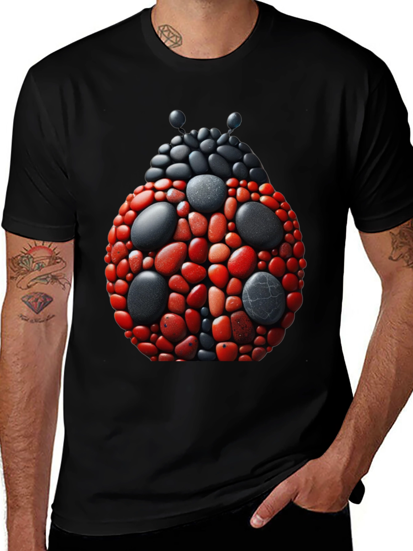 Ladybug Pebble Art Graphic Tee - Black Cotton