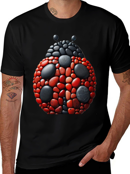 Ladybug Pebble Art Graphic Tee - Black Cotton