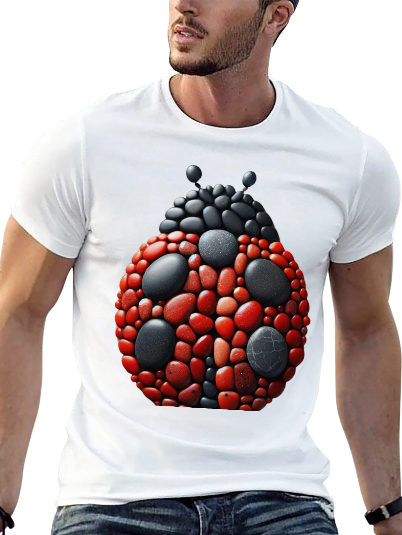 Ladybug Pebble Art Graphic Tee - Black Cotton